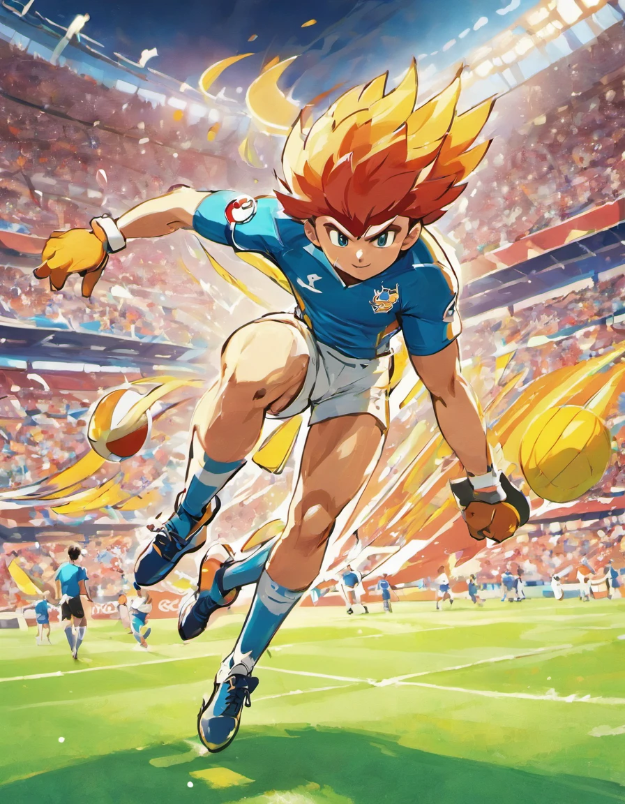 Certainly, here's a description of a Sowsow-drawn football (soccer) player, brought to life with vivid details and Sowsow's signature artistic style:

**Character Appearance:**
In this illustration, the football player embodies the spirit of the sport. Their physique is athletic and dynamic, showcasing their agility and strength. Sowsow's unique style captures every muscle and contour, making the player look ready for action. The player's uniform is detailed and colorful, with vibrant hues that reflect the team's identity. Their cleats are intricately designed, emphasizing the importance of footwear in the sport. The player's face bears a determined expression, portraying their unwavering focus on the game.

**Football Action:**
Sowsow excels in capturing motion, and in this illustration, the football player is in the midst of an exciting play. Whether they're dribbling the ball down the field, preparing for a powerful kick, or making a spectacular save as a goalkeeper, the action is vividly portrayed. The football, with its textured surface, is shown with motion lines to emphasize its movement. Sowsow's attention to detail extends to the player's posture and body language, conveying their commitment to the game.

**Stadium Atmosphere:**
The background of the illustration features a bustling football stadium. Sowsow meticulously depicts the grandstands filled with passionate fans, each with their own expressions of excitement, tension, and support for the team. The vibrant colors of the team banners and flags in the crowd create a sense of celebration. The floodlights above the stadium illuminate the scene, casting dynamic shadows on the field and players.

**Sowsow's Artistic Flair:**
Sowsow's artistic style infuses the illustration with a touch of whimsy and charm. While the focus is on realism, there might be playful elements or unexpected details that add character to the artwork. The use of vivid colors, bold lines, and textures makes the illustration visually