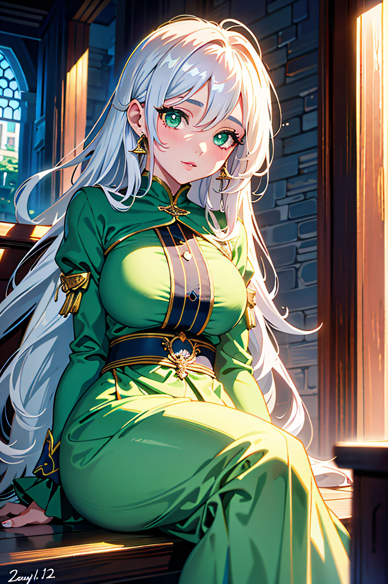 beautiful, looking at viewer, detailed face, outside, fantasy, beautiful lighting, bull body, (22 year old Spanish Woman), white flowing hair, green eyes, sitting,