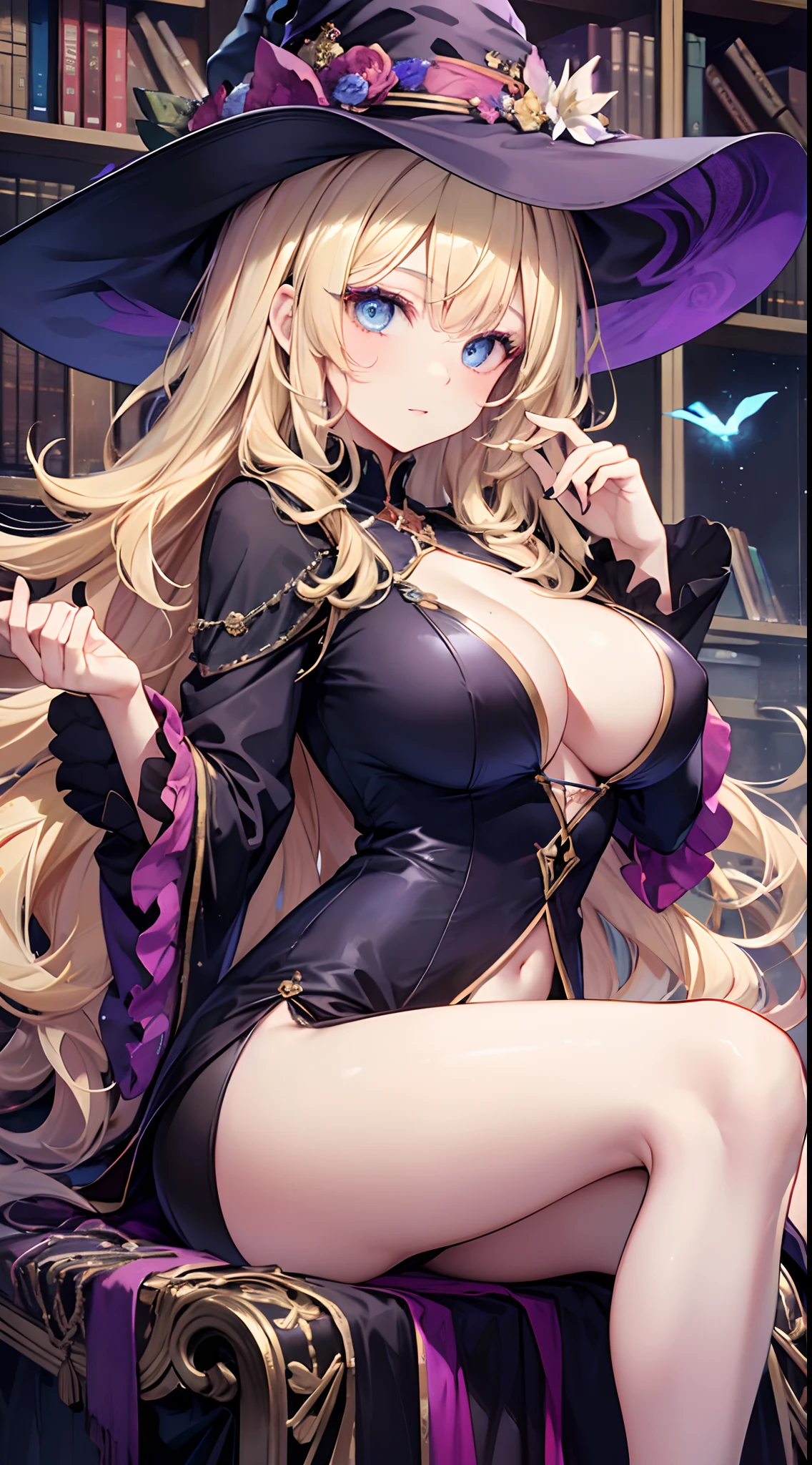 large full breasts, ((1 Beautiful Witch)), ((Blonde hair, long wavy hair with bangs,,,)) (((1 witch, Soio))) )) ((20yr old)) blue eyes, Have a very sexy body, Full chest and narrow waist, And a very sexy body, Medieval dress European ruffled dress Elegant long sleeve blouse with slightly open chest, Delicate fabric neckline, Has a bold look, thick and dense makeup. 年轻, qulity, Realistic, fantastic quality, Poses, ((((face perfect)))) Gentle expression, Soft lips, Calm expression, House of Scary Witch Sitting On Old Torn Sofa, Magic, magia, Boiling cauldron, Spell recitation, spell book, Bookcase full of cobwebs, Beautiful and perfect legs, Clean and perfect hands