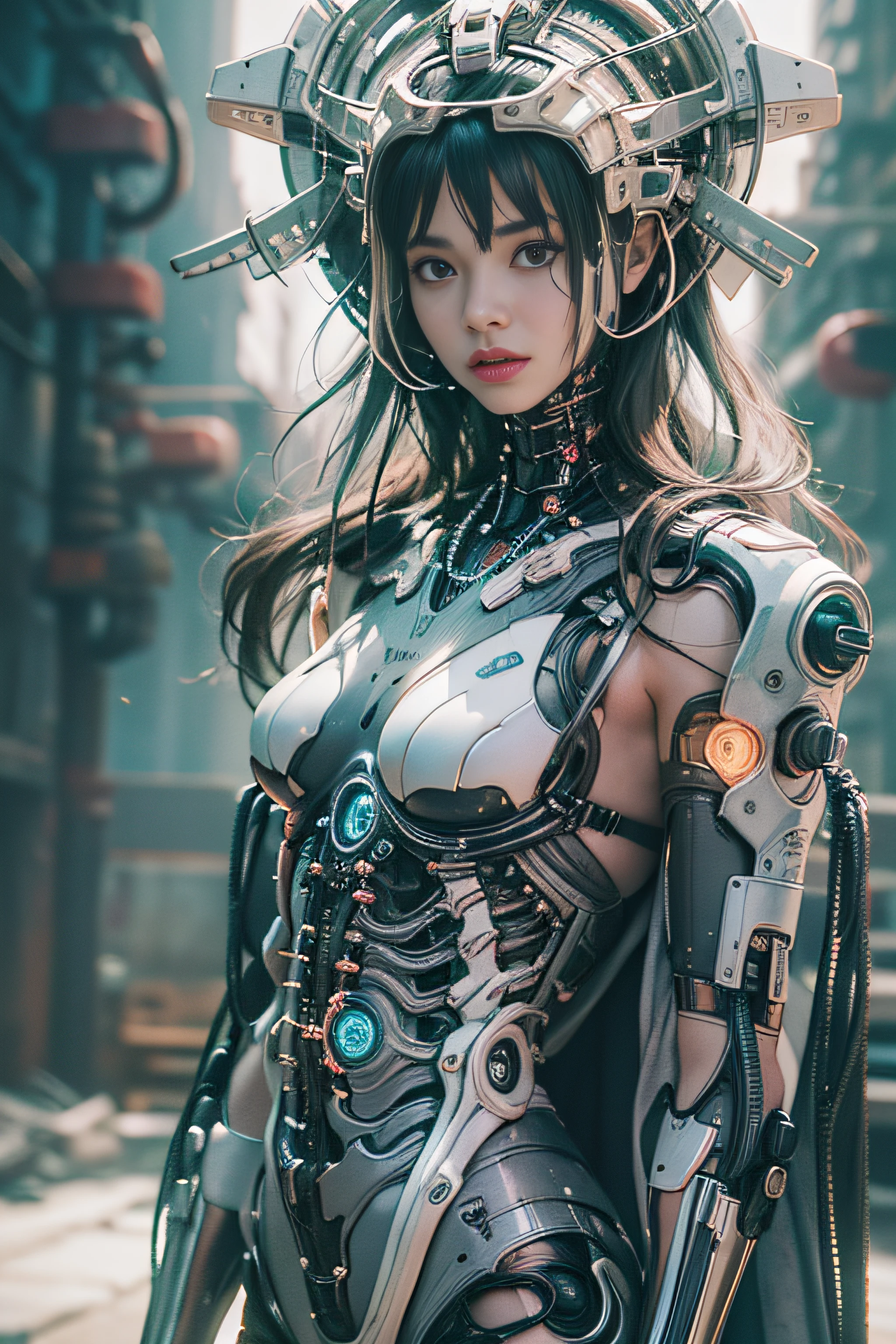 Surreal, Cinematic Effects 8K, hyper detailed painting, luminism, Concept art,fractal isometrics details bioluminescence , 3d rendered, Octane Render,Intricately detailed,Cinematic, アートステーションでトレンドアイソメトリック中心のSurreal的なカバー写真素晴らしいフルカラー, gritty, realistic mucha, hit definition,Cinematic, Ethereal background,Full body, (1 Mechanical Girl:1.5),(transparent surfaces and skins:1.5),(many mechanical gears and electronic components inside the body:1.4),(mechanical vertebra and cervial:1.3),Solo,deadpan,(Wires and cables from the spine to the arm:1.4),(mechanical arms of surgical machine around:1.2),(circuit boards:1.4),(Character Focus:1.3),Science fiction,((Mechanical exoskeleton)),mechs,kalina,mechs,Super_mechs