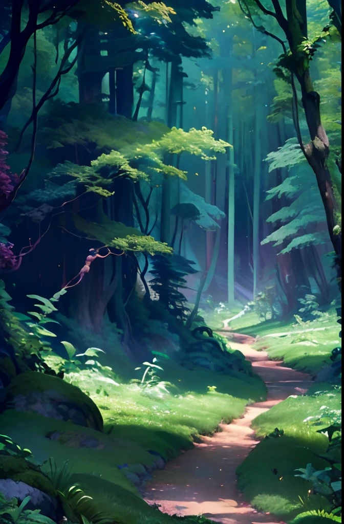 (a colorful deep forest inside montain), (vast and expansive view), (night view), (a lot of different specie of trees),(lush and vibrant greenery), (peaceful and tranquil atmosphere), (serene and otherworldly colors), (sense of depth and scale), (no human presence),(one footpath to the horizon), (harmonious and balanced composition)