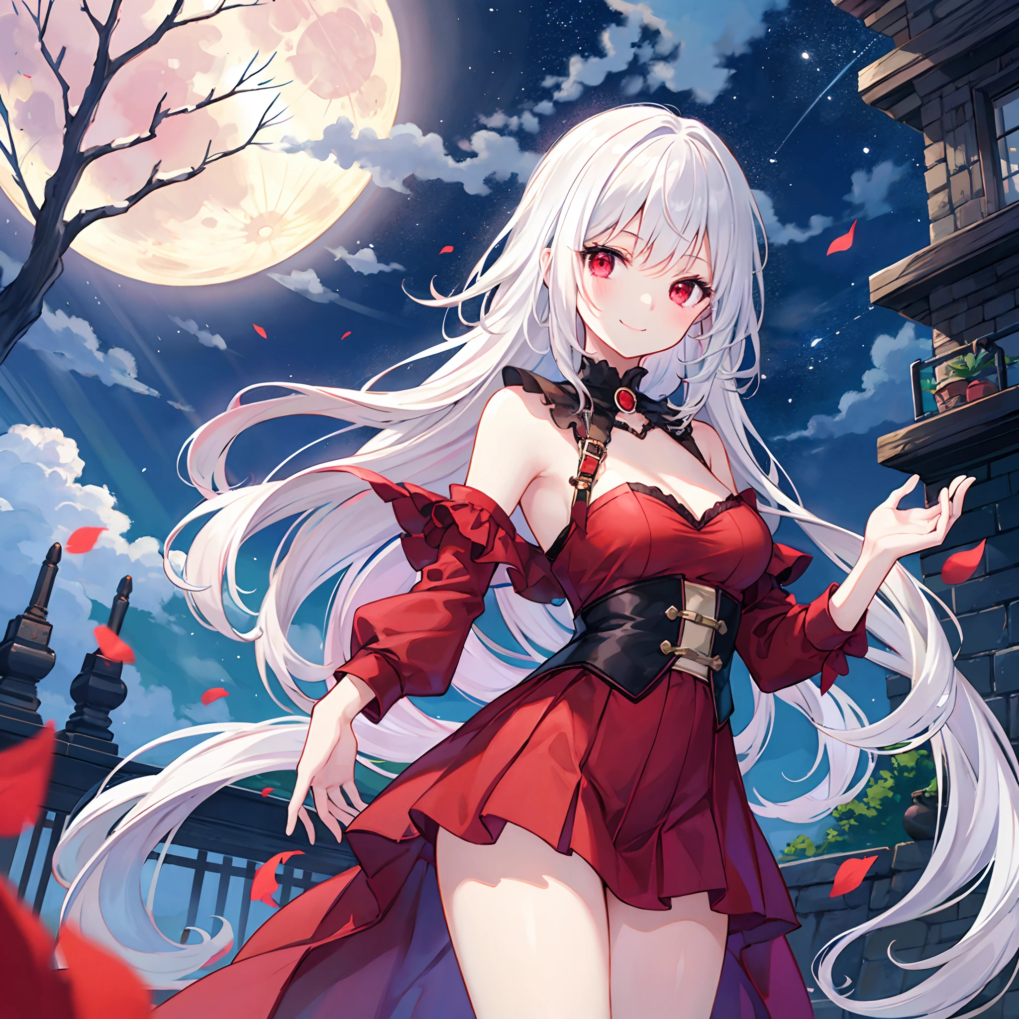 white hair、red eyes、One beautiful vampire girl、doress、Raw feet、Midnight、Western castles、panties on