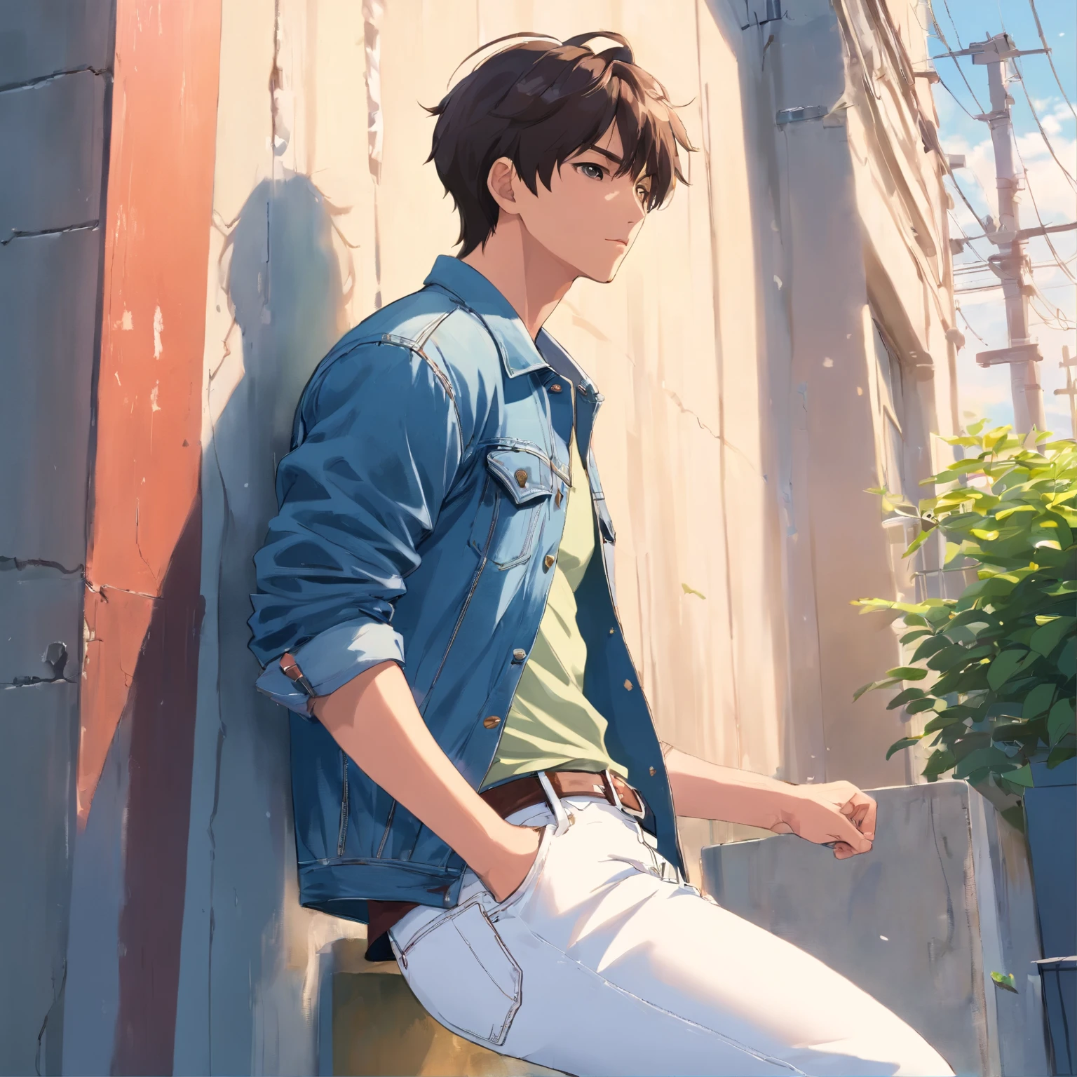 Alafed male model in white jeans and denim jacket leaning against wall, Korean Male, Jinyoung Shin, korean muscle boy 2 1 , model with attractive body, Cai Xukun's, taejune kim, male model, siwoo kim, inspired by Joong Keun Lee, Hyuntae, inspired by jeonseok lee, sun-hyuk kim, with abs