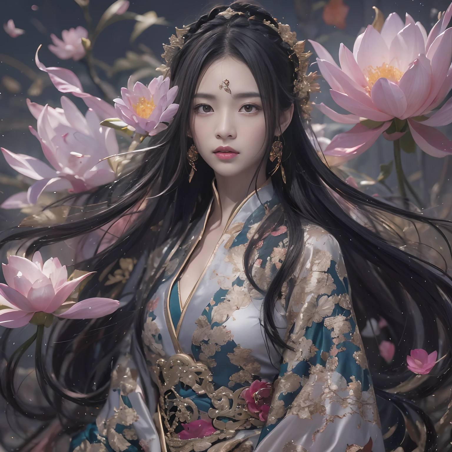 32K(tmasterpiece,k hd,hyper HD,32K)Long flowing black hair,ponds,zydink, a color, Aozhou people (Concubine girl), (Silk scarf), Combat posture, looking at the ground, long whitr hair, Floating hair, Carp pattern headdress, Chinese long-sleeved clothing, (abstract ink splash:1.2), Pink petal background,Pink and white lotus flowers fly(realisticlying:1.4),Black color hair,Fallen leaves flutter,The background is pure, A high resolution, the detail, RAW photogr, Sharp Re, Nikon D850 Film Stock Photo by Jefferies Lee 4 Kodak Portra 400 Camera F1.6 shots, Rich colors, ultra-realistic vivid textures, Dramatic lighting, Unreal Engine Art Station Trend, cinestir 800,Long flowing black hair,Denim skirt