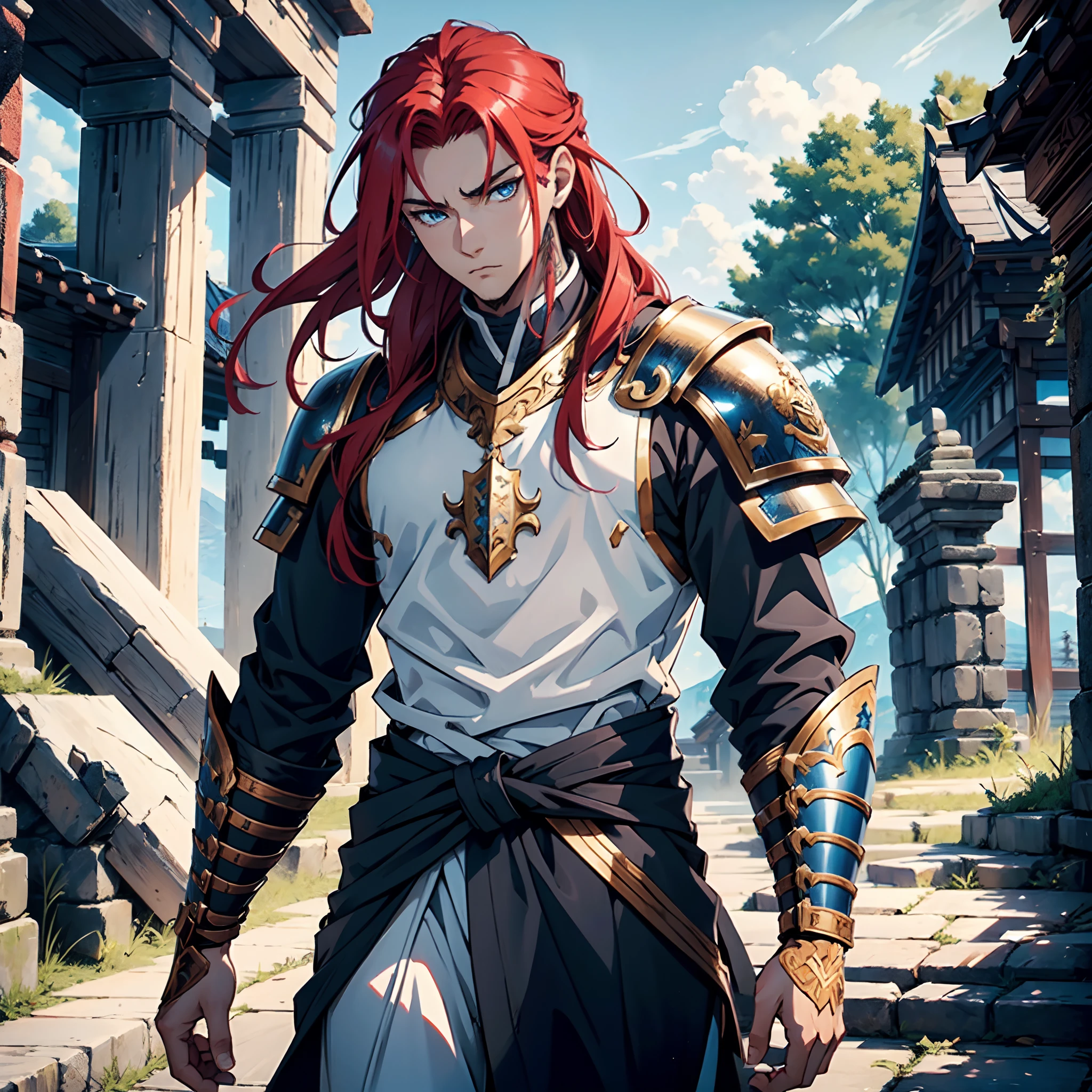 Ultra High Definition, Ultra High Quality, Extremely Detailed, Perfectly Detailed, Masterpiece, 8k, 1 Boy, Look A Like Xin From Kingdom Anime, Handsome, Equipped With Paladin Armor, Solid Light Blue Eyes, Long Red Hair, Body Shot, Ancient Kingdom Background