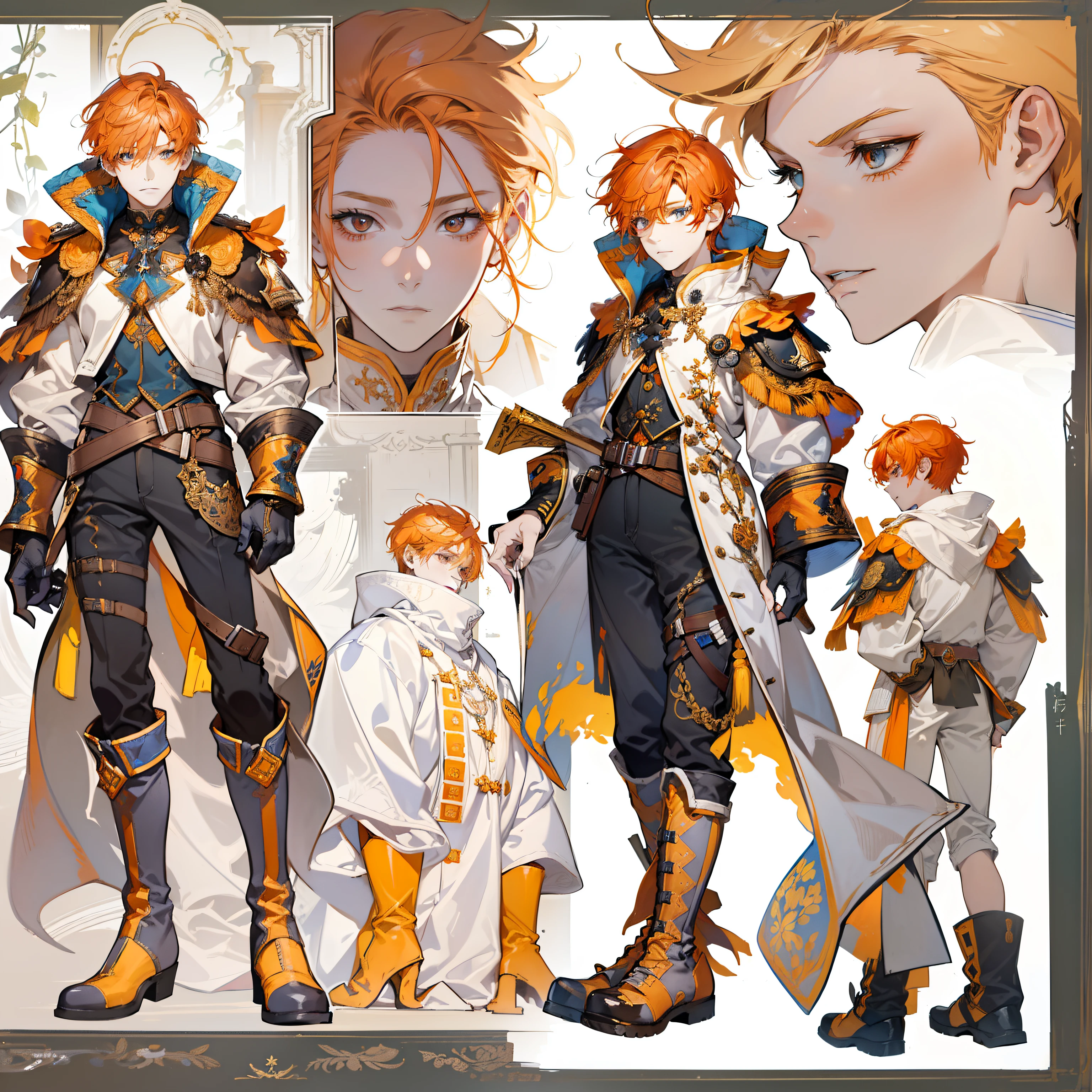 1 boy, Solo, Man with bright orange hair, short hair, Bright orange eyes, Shirt, High boots, Lightweight clothing, Scandinavian theme, Scandinavian clothing, Looking at Viewer, Fantasy Art, painting of beautiful, Gwaika Style, epic exquisite character art, Stunning character, male child, Lean (Reference Sheet:1.5)