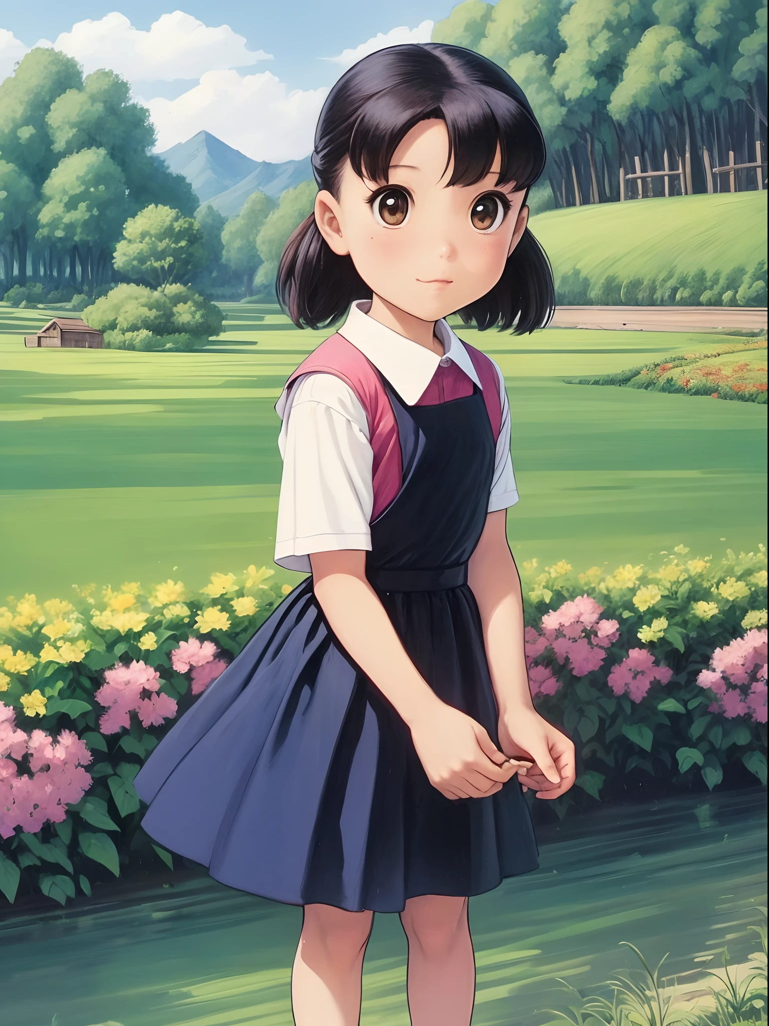 In a picturesque countryside setting, there is a charming oil painting depicting Shizuka, a lovely country girl. She is depicted in a beautiful meadow, surrounded by the serene beauty of a rustic farm. Shizuka is dressed in a delightful ensemble, wearing a charming suspender dress that perfectly captures the essence of a pastoral lifestyle.

The oil painting showcases the idyllic scene with vibrant colors and meticulous brushstrokes. Shizuka's presence radiates a wholesome and innocent charm, as she stands amidst blooming flowers and lush greenery. Her attire, with its suspenders and playful design, adds a touch of youthful energy to the painting.

The overall composition evokes a sense of tranquility and simplicity, capturing the essence of the countryside and the natural beauty of Shizuka as a rural girl. The painting invites viewers to immerse themselves in the peaceful ambiance of the pastoral scene, appreciating both the artist's skill and Shizuka's timeless allure.