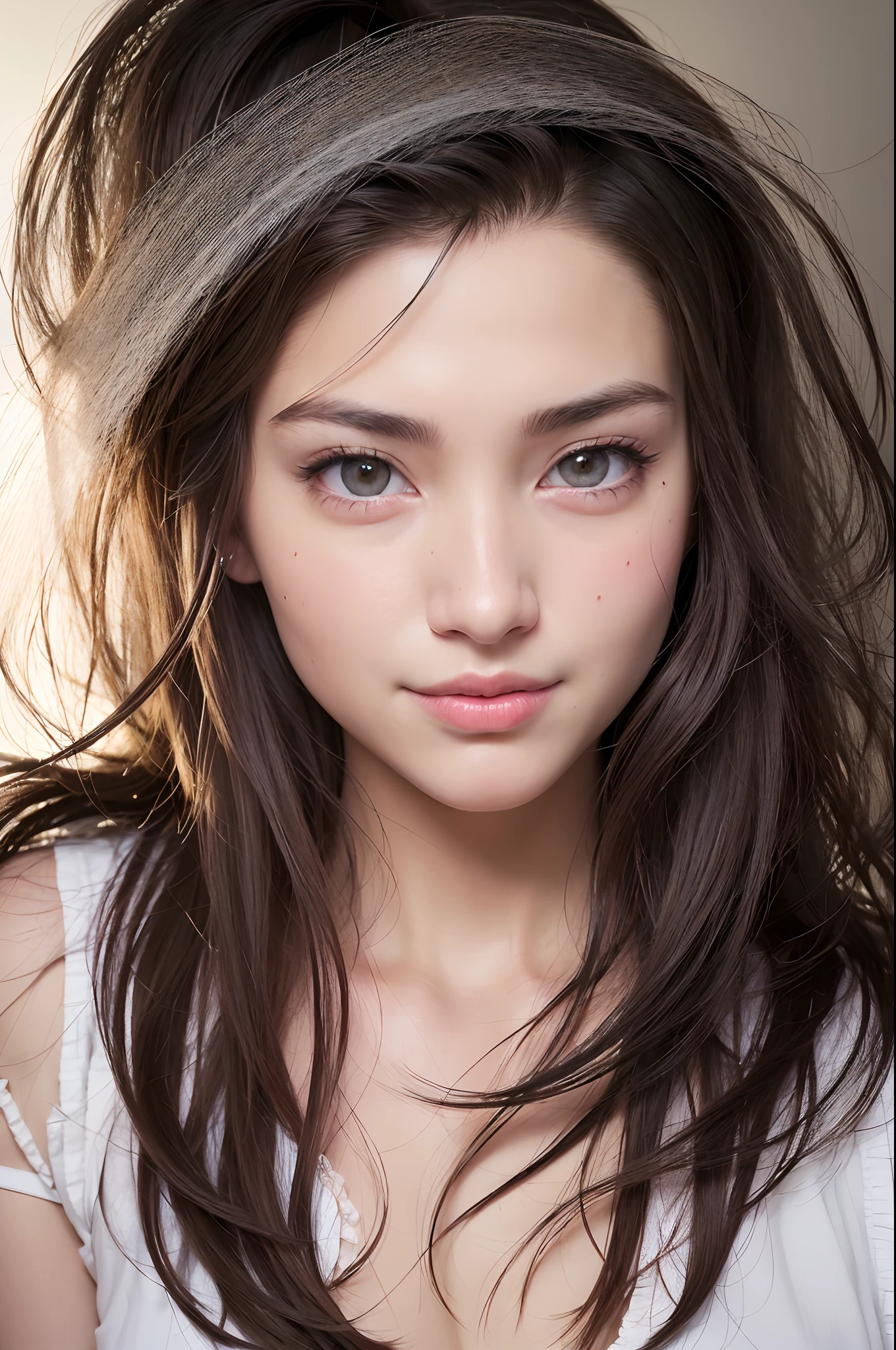 (realistic, photo-realistic:1.37),(8k, RAW photo, best quality, masterpiece:1.2), cute, ultra-detailed,heart-shaped pupils,physically-based rendering, ultra high res, kodakvision color, shot on Arricam LT Camera, bokeh, sharp focus,
looking at viewer,photorealistic,realistic, solo, photorealistic, best quality,extremely detailed face,extremely detailed eyes and face, beautiful detailed eyes,absurdres, incredibly absurdres,haunting smile,Messy hair, floating hair, ,