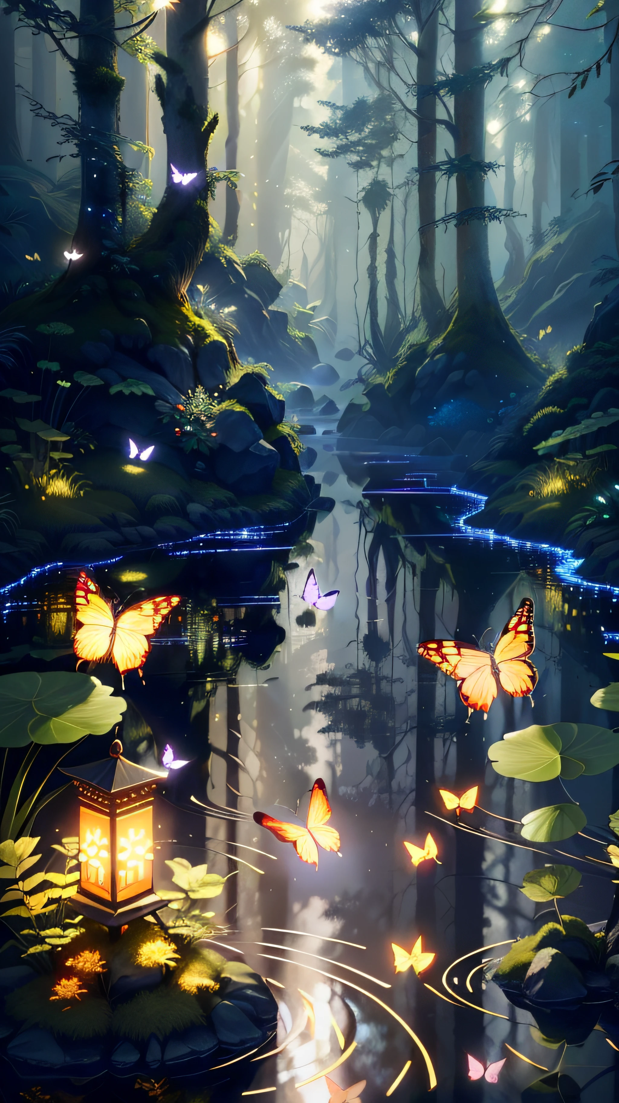 A masterpiece, the best quality, stunning reflections, the best reflections ever. (very detailed CG unity 8k wallpapers), (best quality), (best illustrations), (best shadows), forest theme with natural elements. Tall trees, quiet streams, small glowing mushrooms surrounded by delicate leaves and branches, with fireflies and glowing particle effects,, (natural elements), (jungle theme), (leaves), (twigs), (fireflies), butterflies, (delicate leaves), (glow), (particle effects). , Isometric 3D, Octane Rendering, Ray Traced, Super Detailed
