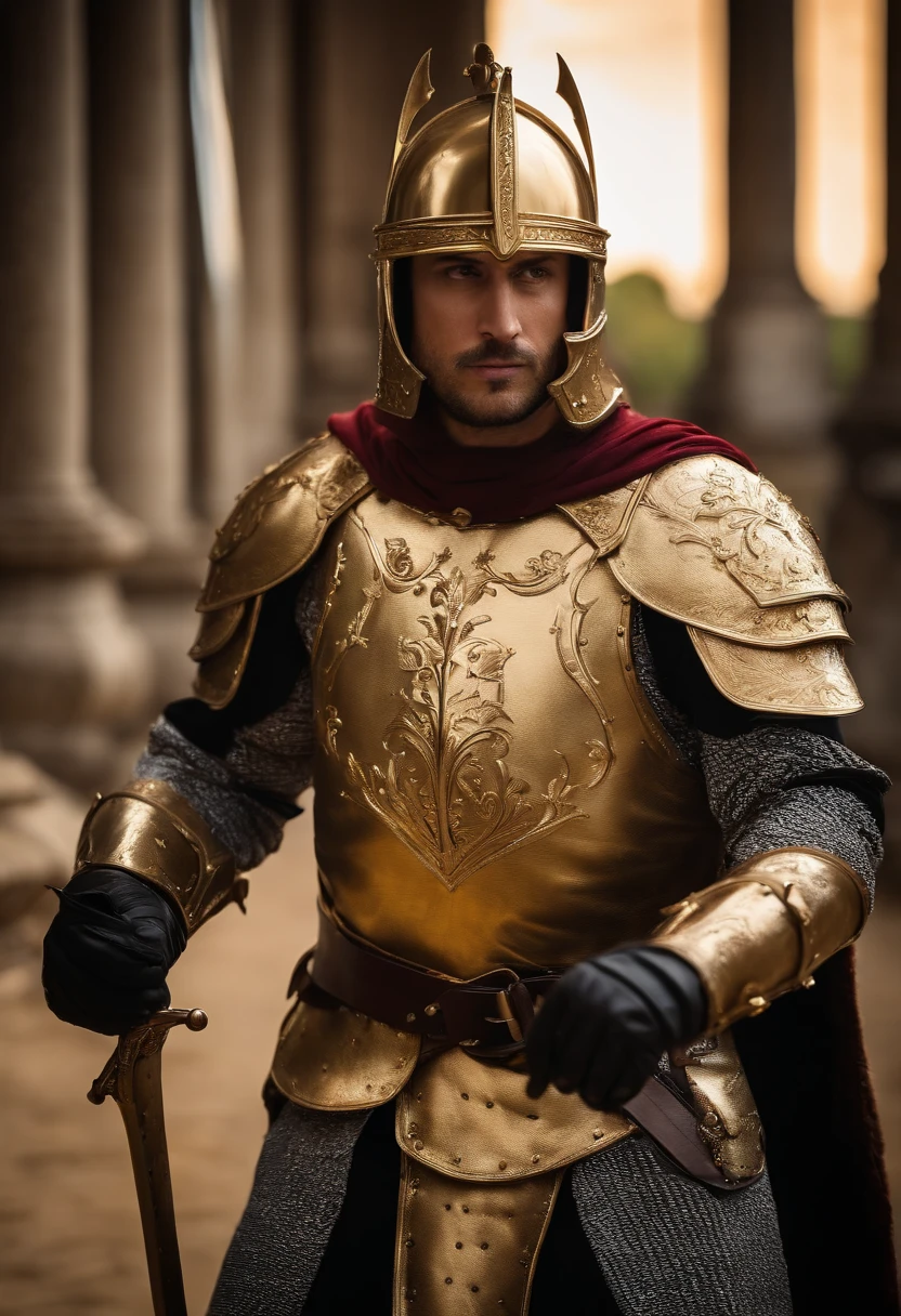 A businessman dressed as a medieval knight, terno de armadura (prata:1.1) com detalhes intrincados, reluzente (polido:1.1) surface, Reflexivo (semelhante a um espelho) (steel:1.1) material, segureo um (dourado:1.1) (Requintadamente trabalhada:1.1) espada. He's confident, mostreo o seu (imponente:1.1) Posture and determined expression on the face. The knight's costume is complete with a (emplumado:1.1) helmet covering the head, deixeo apenas um vislumbre de sua (Sharp:1.1), olhos intensos. O plano de fundo consiste em um (majestoso:1.1) Business Office, with grandeur (vidro:1.1) paredes e (circunstanciado:1.1) Architectural elements. O tem grandes janelas, cercado por plantas (rodante:1.1) (Grass:1.1) e pessoas. The landscape is bathed in the warm glow of (dourado:1.1) (Sunset:1.1) Matiz, crieo um (Inspirador:1.1) atmosfera. The scene is enhanced by (macio:0.9) (natural:0.9) lighting that gently illuminates the knight and his surroundings. The overall image quality is of the highest standard, Captura (melhor qualidade:1.2) detalhes em (4k:1.2) resolution, fornecendo um (ultra-detalhado:1.1) e (Realistic:1.37) description.