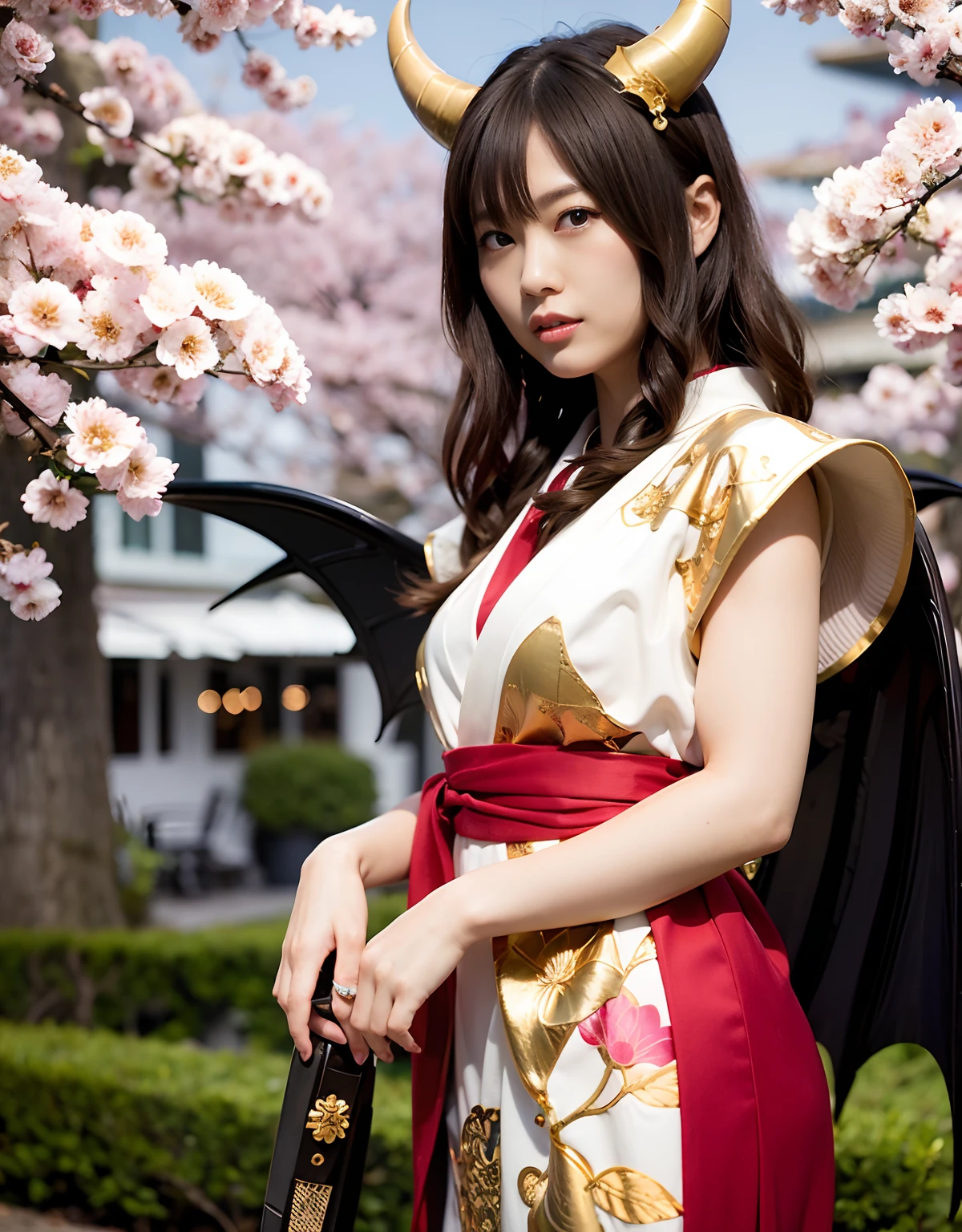 ((World of Darkness)),Professional , masterpiece、top-quality、photos realistic , depth of fields 、(sexypose)、(Background of cherry blossoms in full bloom),(Ultimate Beauty)、A dark-haired、(White bikini armor)、(Kimono with beautiful pattern)、(Night background)、((a dark night)),(Wear a beautiful kimono),(Wear a beautiful kimono with colorful floral patterns)、Jewel Gold Weapon、Particles of light),(Has a devil's mask)、Gorgeous gold weapons ,(( Gorgeous Dragon Sword)) , (a dark night),,(maikurobikini) 、((Black Haired Beautiful Girl))、(Castle background)、(demonic wings)、((Gangle's forest background))、Beautiful Caucasian beauty、1a person、dynamic ungle,(((Two devil's horns on the head)))、Smaller head、Idle Smile、Thin and beautiful female hands、Mystical expression、Light Effects、intense fighting、Wind-effect、magic circles、With the legendary magic wand、Dragon's tail、