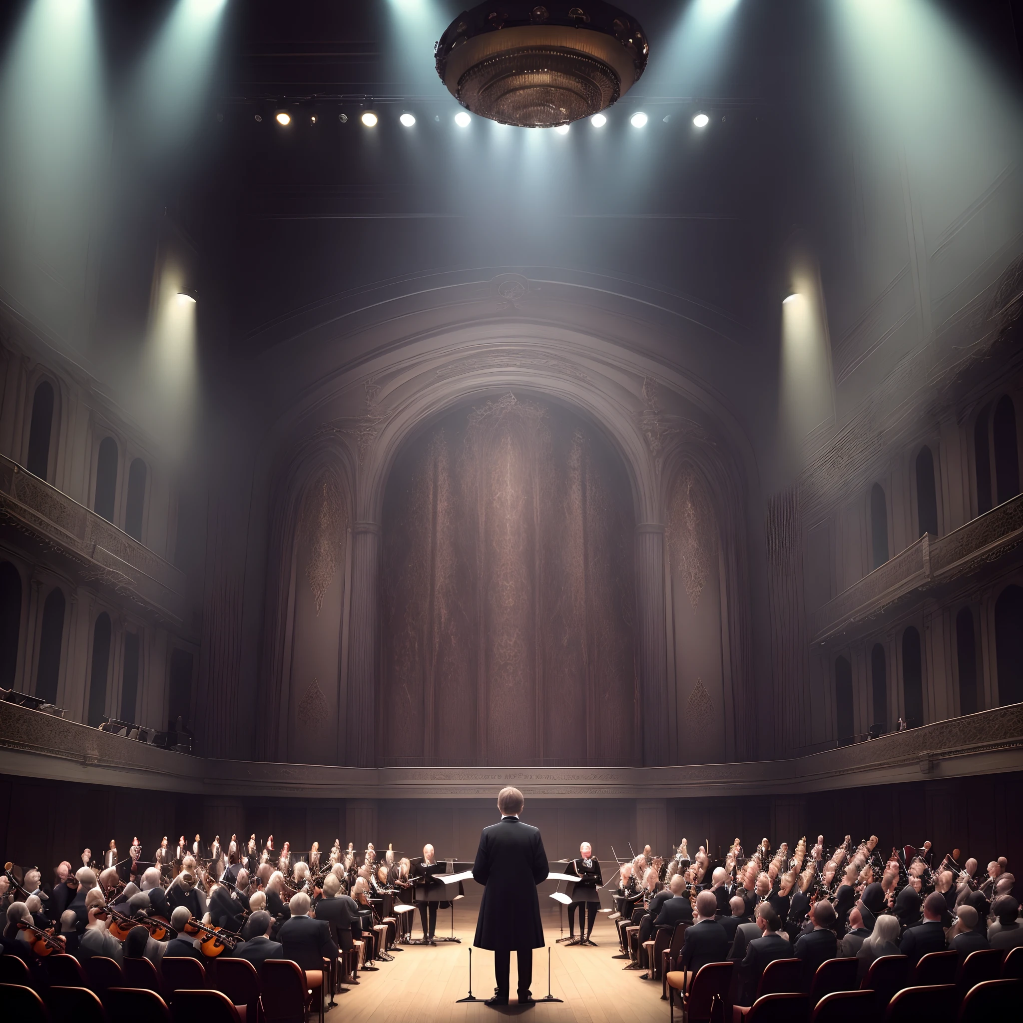 Show the walls of the music hall pulsing with dark energy, responding to the nightmarish rhythm of the orchestra's performance.