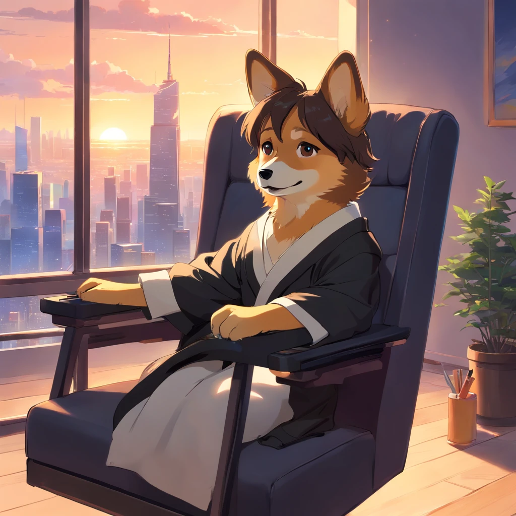 Master Parts, corgi, matrix style, Black coat, Type with the keyboard, Sitting in the chair in front of the MAC, Lunette de soleil, Dynamic Angle, Best Quality, 4K,