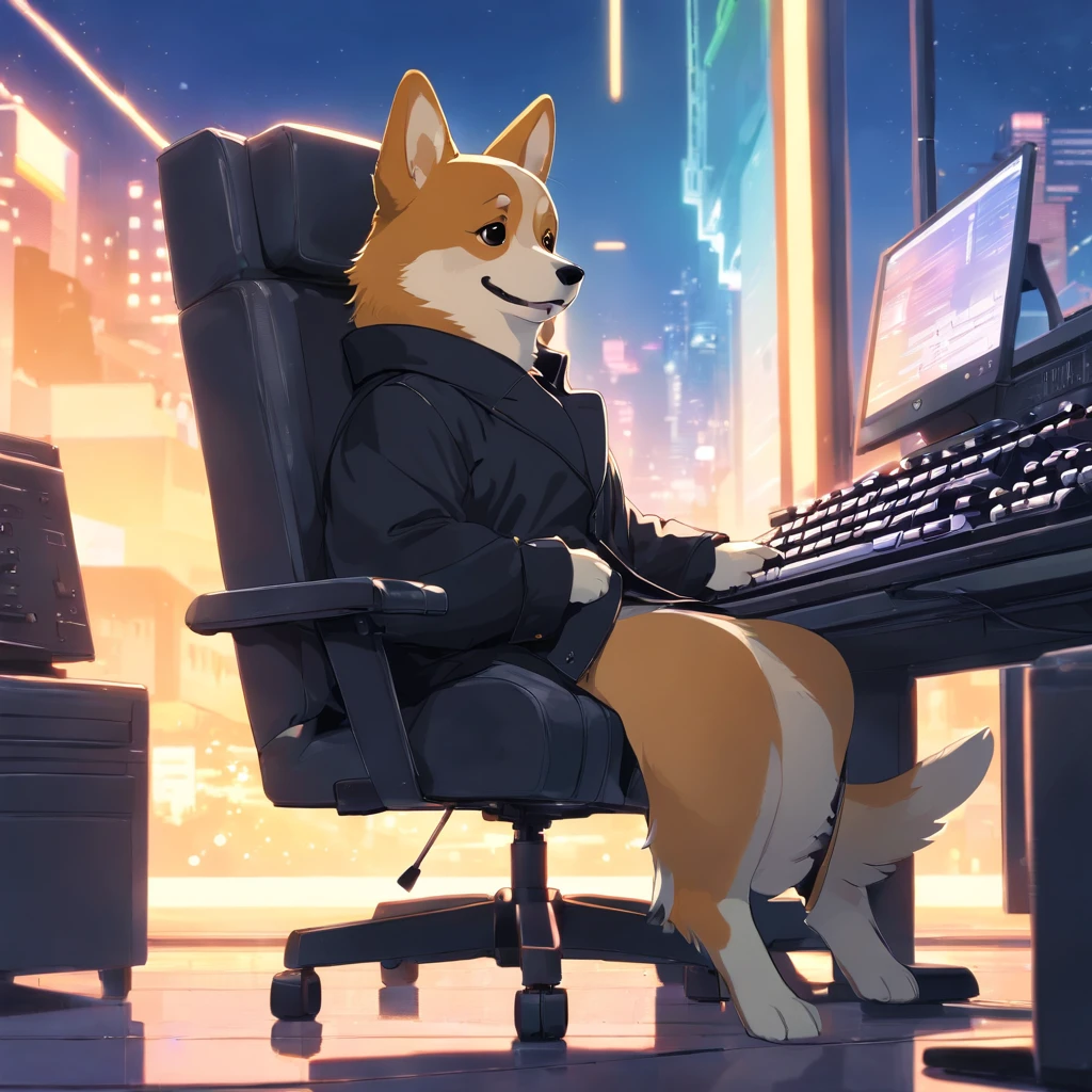 Master Parts, corgi, matrix style, Black coat, Type with the keyboard, Sitting in the chair in front of the MAC, Lunette de soleil, Dynamic Angle, Best Quality, 4K,