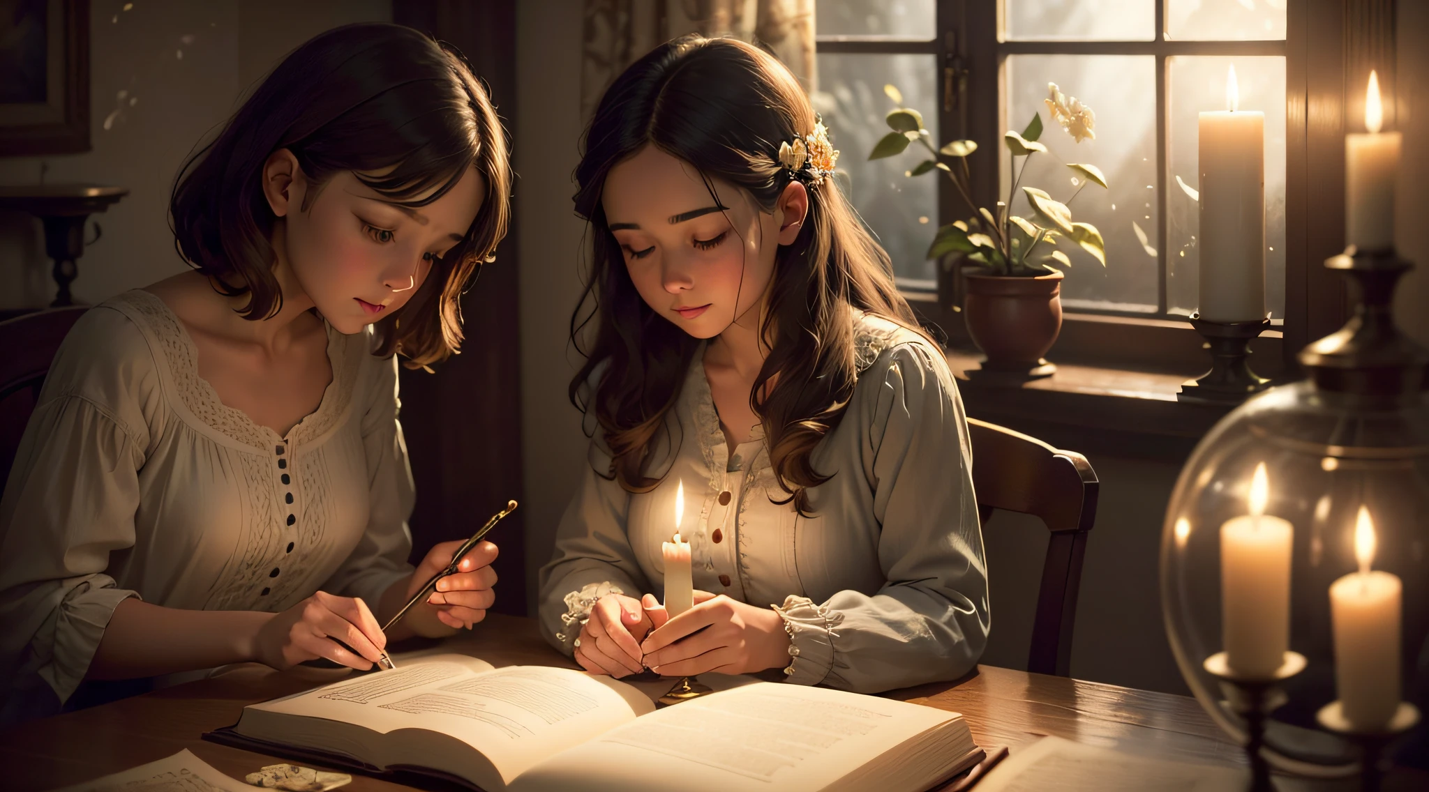 (a girl in a dark room, candlelight, open book, vintage style, nostalgic feeling, wisdom and spirituality, soft lighting from a window, flower vase in the background) (best quality, ultra-detailed, realistic:1.37), dim lighting, antique painting-like texture, flickering candlelight, warm color tones, gentle and soothing atmosphere, old-fashioned charm, intricate details, vintage book pages, delicate floral patterns, subtle shadows