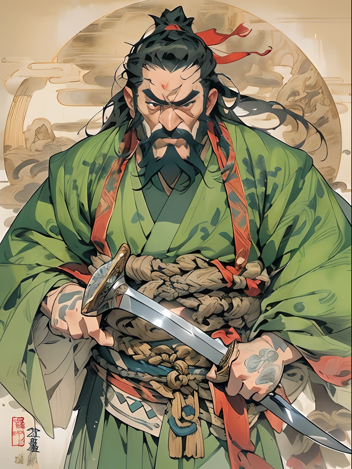 (((China-style,Ink painting method,Half-length portrait,Intense color,Han dynasty, China,Hanfu,Armor,Guan yu,Guan Yunchang,of a guy,Ruddy killing square face,Hold it with your right hand(Close the knife)Qinglong Weir Moon Knife,Stroke your beard with your left hand,Long hair,petty eyes,Green robe))), (((best qualityer))), (((tmasterpiece))), (((AS-Adult))), ((( Japanese ))), Look up from your knees, Handsome Asian samurai,perfect body figure, Modern samurai, ((( Asian))), Wear gloves on your hands,The left arm is made of steel and metal tips,Made of protective devices, The eyes are pulled, (( Appears below the chest )), (( Small dental floss )), Simon Bisley, Almost naked(Simon Bisley)Castle City Wilderness,For high-resolution posters, hair straight, Minimum clothing, armure (Crazy clothes ), Full of tips and rivets, tribal tattoos, (((full bodyesbian))), Straight brunette hair,Colored hair ends