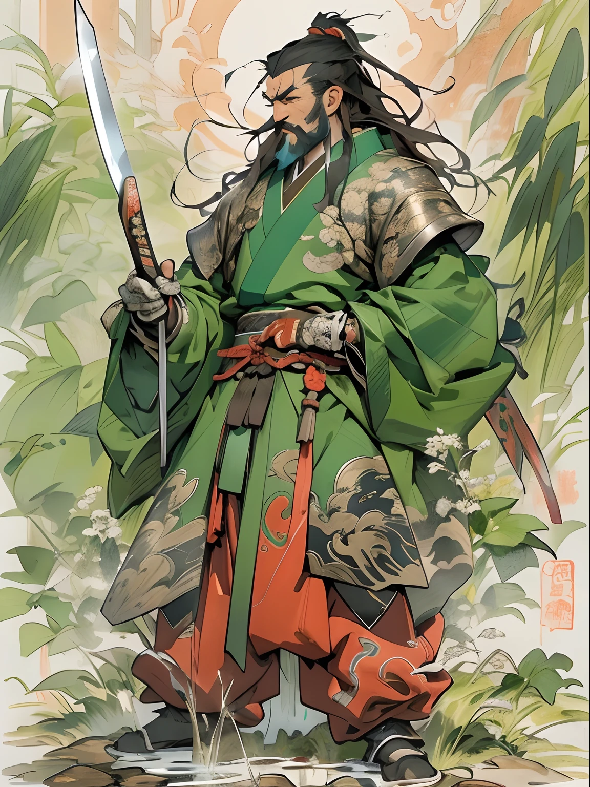 (((China-style，Ink painting method，Half-length portrait，Intense color，Han dynasty, China，Hanfu，Armor，Guan yu，Guan Yunchang，of a guy，Ruddy killing square face，Hold it with your right hand(Close the knife)Qinglong Weir Moon Knife，Stroke your beard with your left hand，Long hair，petty eyes，Green robe))), (((best qualityer))), (((tmasterpiece))), (((AS-Adult))), ((( Japanese ))), Look up from your knees, Handsome Asian samurai，perfect body figure, Modern samurai, ((( Asian))), Wear gloves on your hands，The left arm is made of steel and metal tips，Made of protective devices, The eyes are pulled, (( Appears below the chest )), (( Small dental floss )), Simon Bisley, Almost naked（Simon Bisley）Castle City Wilderness，For high-resolution posters, hair straight, Minimum clothing, armure (Crazy clothes ), Full of tips and rivets, tribal tattoos, (((full bodyesbian))), Straight brunette hair，Colored hair ends