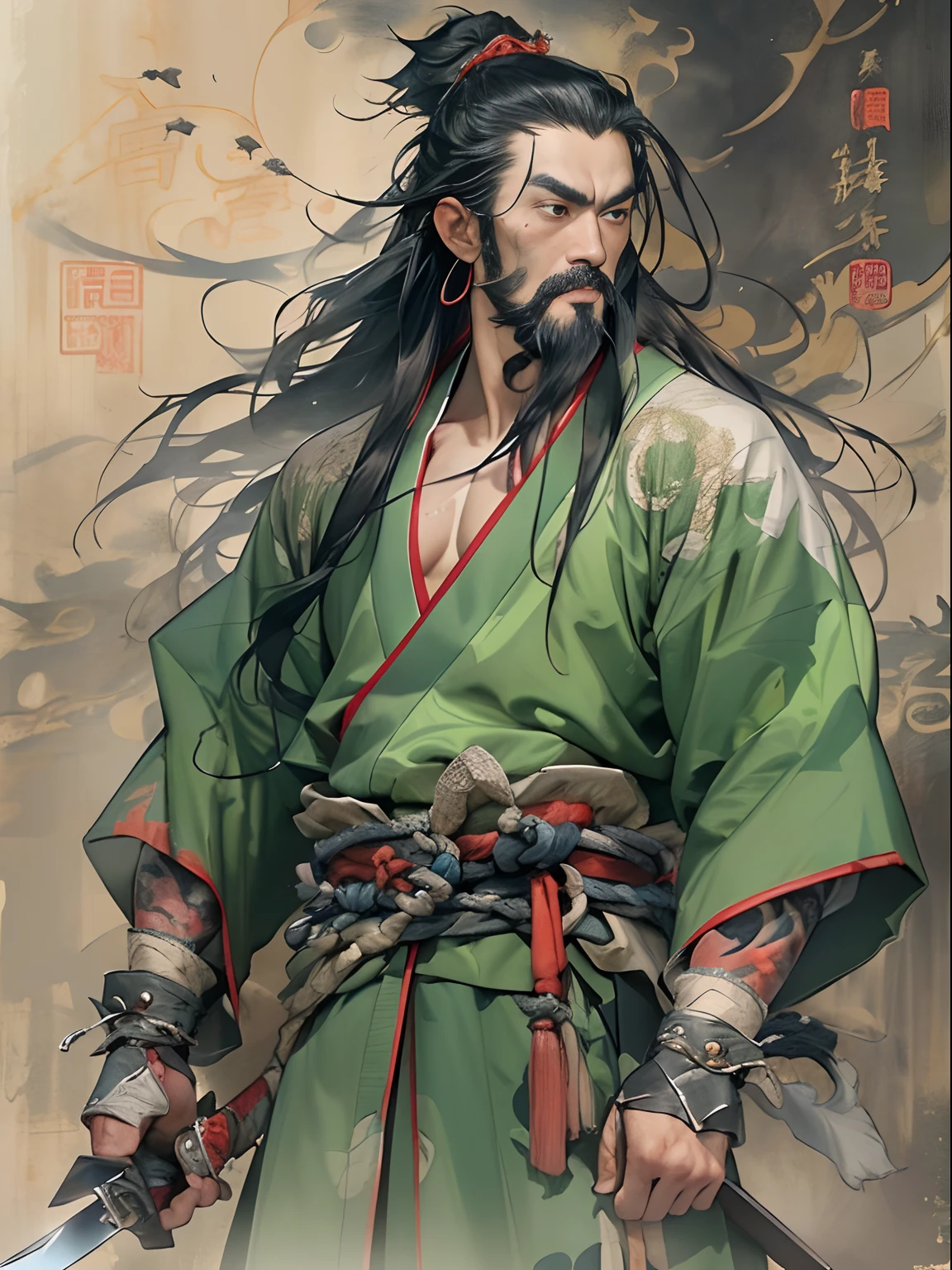 (((China-style,Ink painting method,Half-length portrait,Intense color,Han dynasty, China,Hanfu,Armor,Guan yu,Guan Yunchang,of a guy,Ruddy killing square face,Hold it with your right hand(Close the knife)Qinglong Weir Moon Knife,Stroke your beard with your left hand,Long hair,petty eyes,Green robe))), (((best qualityer))), (((tmasterpiece))), (((AS-Adult))), ((( Japanese ))), Look up from your knees, Handsome Asian samurai,perfect body figure, Modern samurai, ((( Asian))), Wear gloves on your hands,The left arm is made of steel and metal tips,Made of protective devices, The eyes are pulled, (( Appears below the chest )), (( Small dental floss )), Simon Bisley, Almost naked(Simon Bisley)Castle City Wilderness,For high-resolution posters, hair straight, Minimum clothing, armure (Crazy clothes ), Full of tips and rivets, tribal tattoos, (((full bodyesbian))), Straight brunette hair,Colored hair ends