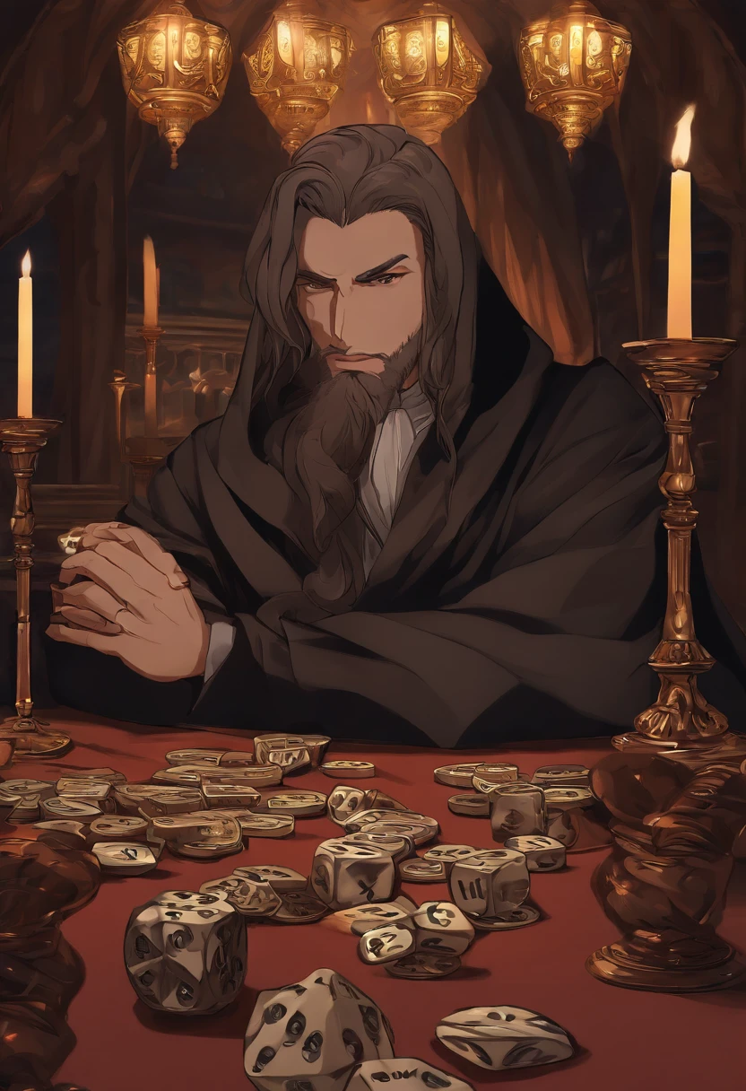(tmasterpiece,best qualtiy),A man in a cloak at the table,There are twenty faces of dice and candlesticks on the table,darkened room,anime big breast