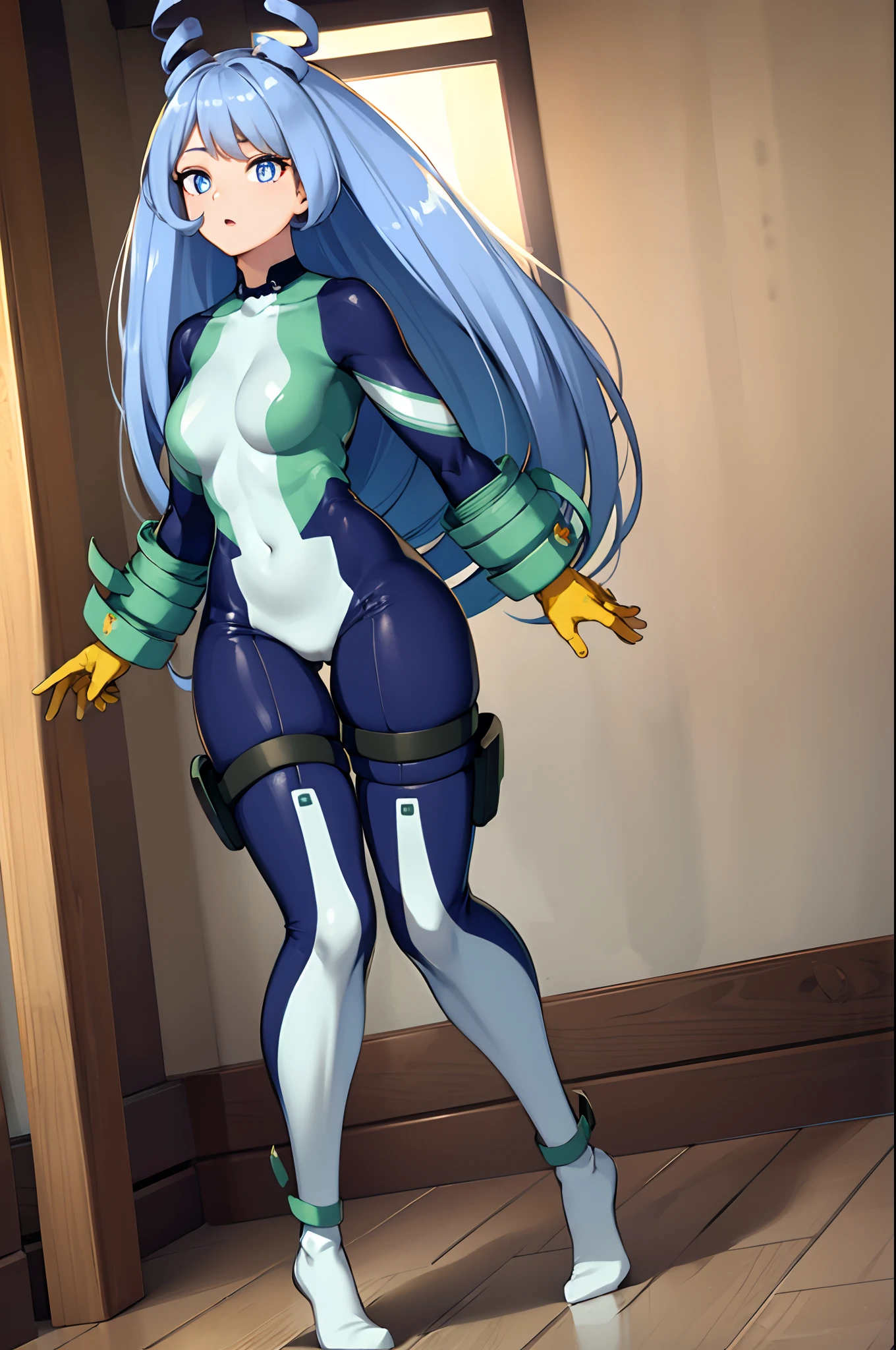 nejirehadou, nejire hadou, blue eyes, blue hair, long hair, BREAK blue bodysuit, bodysuit, drill hair, gloves, green bodysuit, multicolored bodysuit, multicolored clothes, yellow gloves, BREAK looking at viewer, full body, BREAK indoors, classroom, BREAK (masterpiece:1.2), best quality, high resolution, unity 8k wallpaper, (illustration:0.8), (beautiful detailed eyes:1.6), extremely detailed face, perfect lighting, extremely detailed CG, (perfect hands, perfect anatomy),