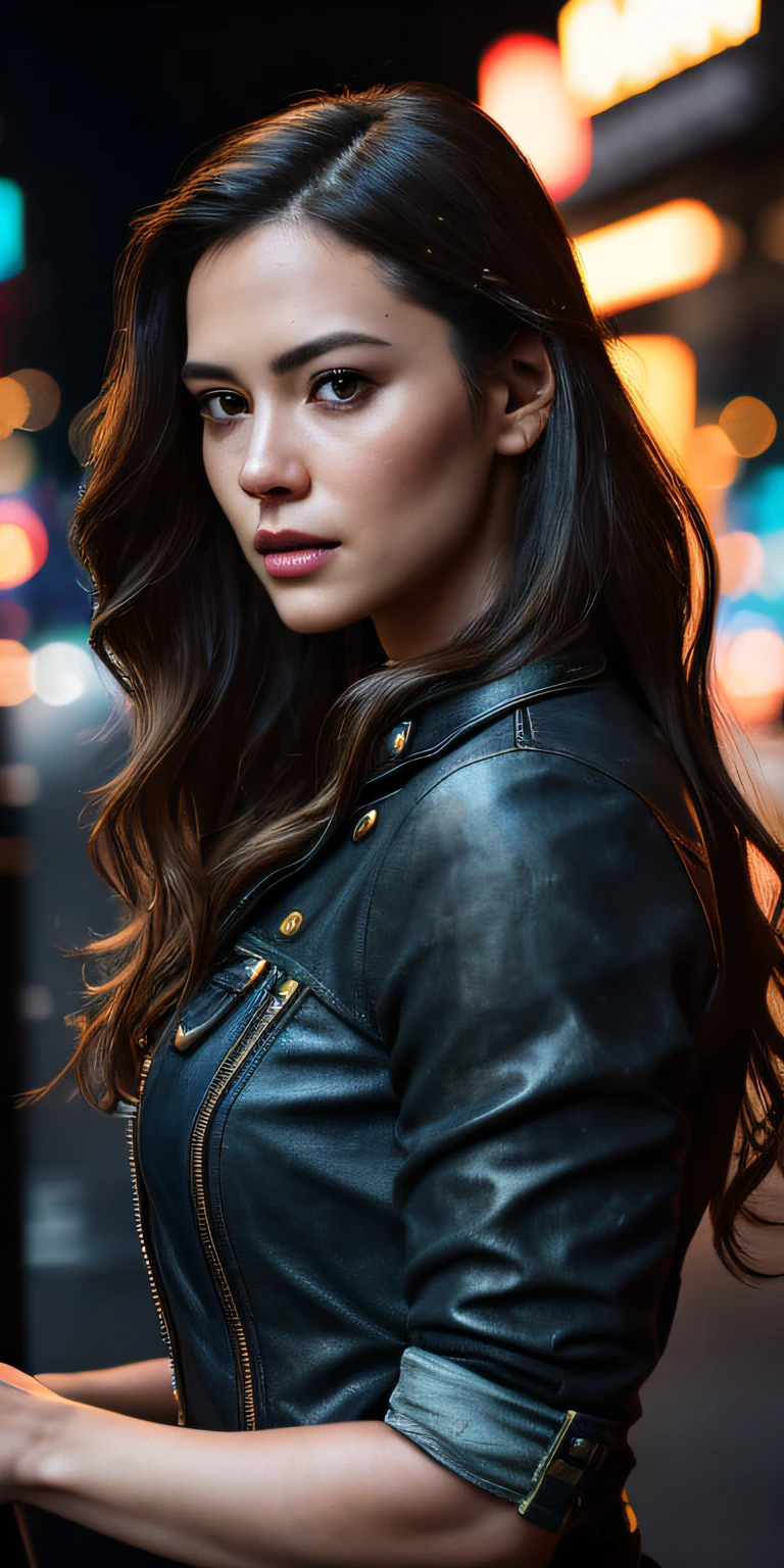 Full face portrait photo of a 25-year-old European girl, RAW, beautiful woman, semi-open strawberry lips, dimples, wistful look, (extra long wavy brown hair), ((detailed face)), ((detailed facial features)), (finely detailed skin), pale skin, (deep neckline detailed high-tech cyberpunk dress), cyberpunk megacity environment, (cool colors), damp, damp, reflections, (masterpiece) (perfect proportion)(realistic photo)(best quality) (detailed) shot on a Canon EOS R5, 50mm lens, F/2.8, HDR, (8k) (wallpaper) (cinematic lighting) (dramatic lighting) (sharp focus) (intricate), RAW photo, RAW photo, gigachad photo, posing for camera, black jeans, back arms, 8k uhd, dslr, high quality, grain film, Fujifilm XT3, film stock photography 4 kodak portra 400 camera f1.6 lens rich colors hyper realistic texture dramatic lighting unrealengine trend in artstation cinestill 800 tungsten, toughboy style, ultra focus face, intimidating, in fighting position, short messy hair, muscular, bursting veins, beaded