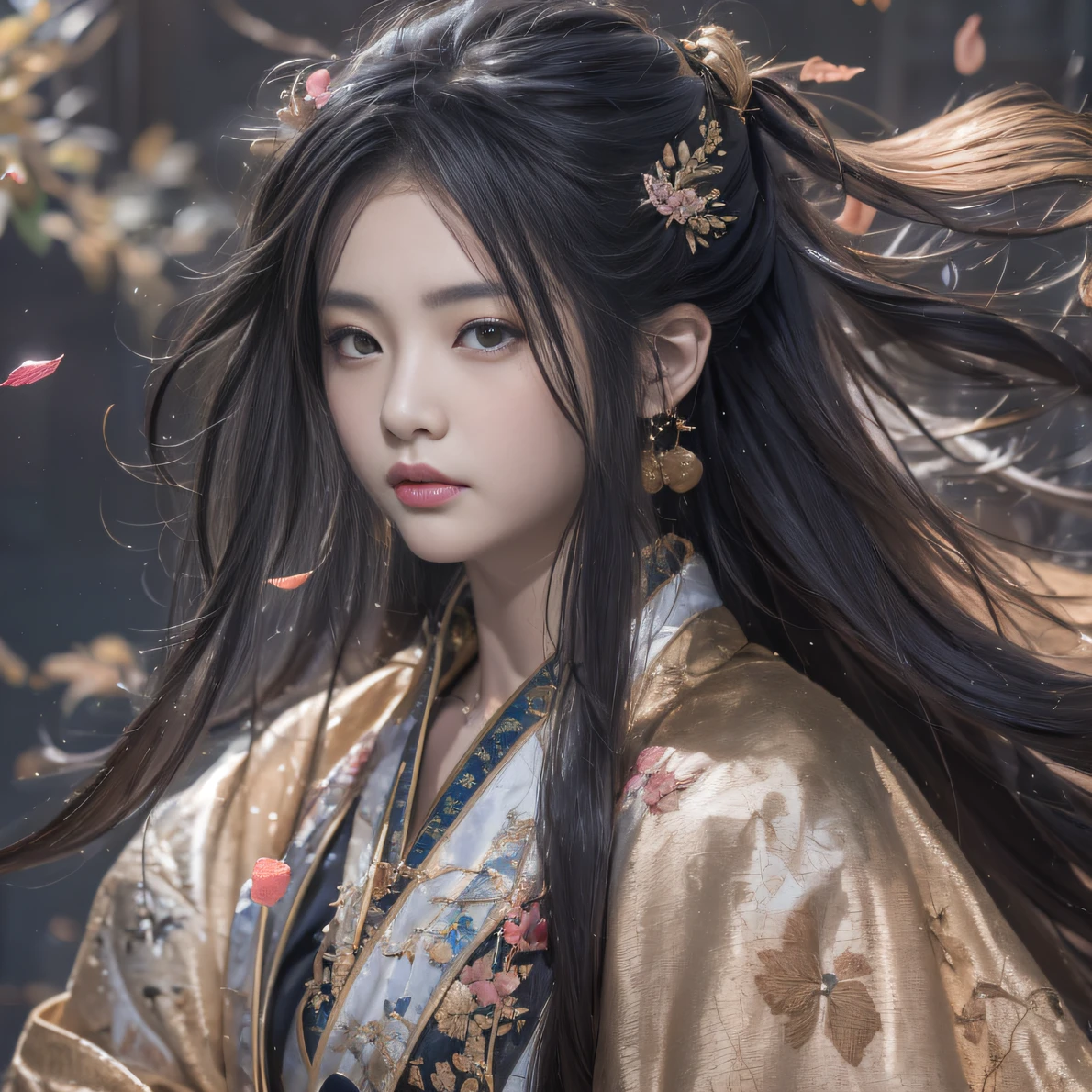 32K(tmasterpiece,k hd,hyper HD,32K)Long flowing black hair,ponds,zydink, a color, Aozhou people (Concubine girl), (Silk scarf), Combat posture, looking at the ground, long whitr hair, Floating hair, Carp pattern headdress, Chinese long-sleeved clothing, (abstract ink splash:1.2), Pink petal background,Pink and white lotus flowers fly(realisticlying:1.4),Black color hair,Fallen leaves flutter,The background is pure, A high resolution, the detail, RAW photogr, Sharp Re, Nikon D850 Film Stock Photo by Jefferies Lee 4 Kodak Portra 400 Camera F1.6 shots, Rich colors, ultra-realistic vivid textures, Dramatic lighting, Unreal Engine Art Station Trend, cinestir 800,Long flowing black hair,Denim skirt