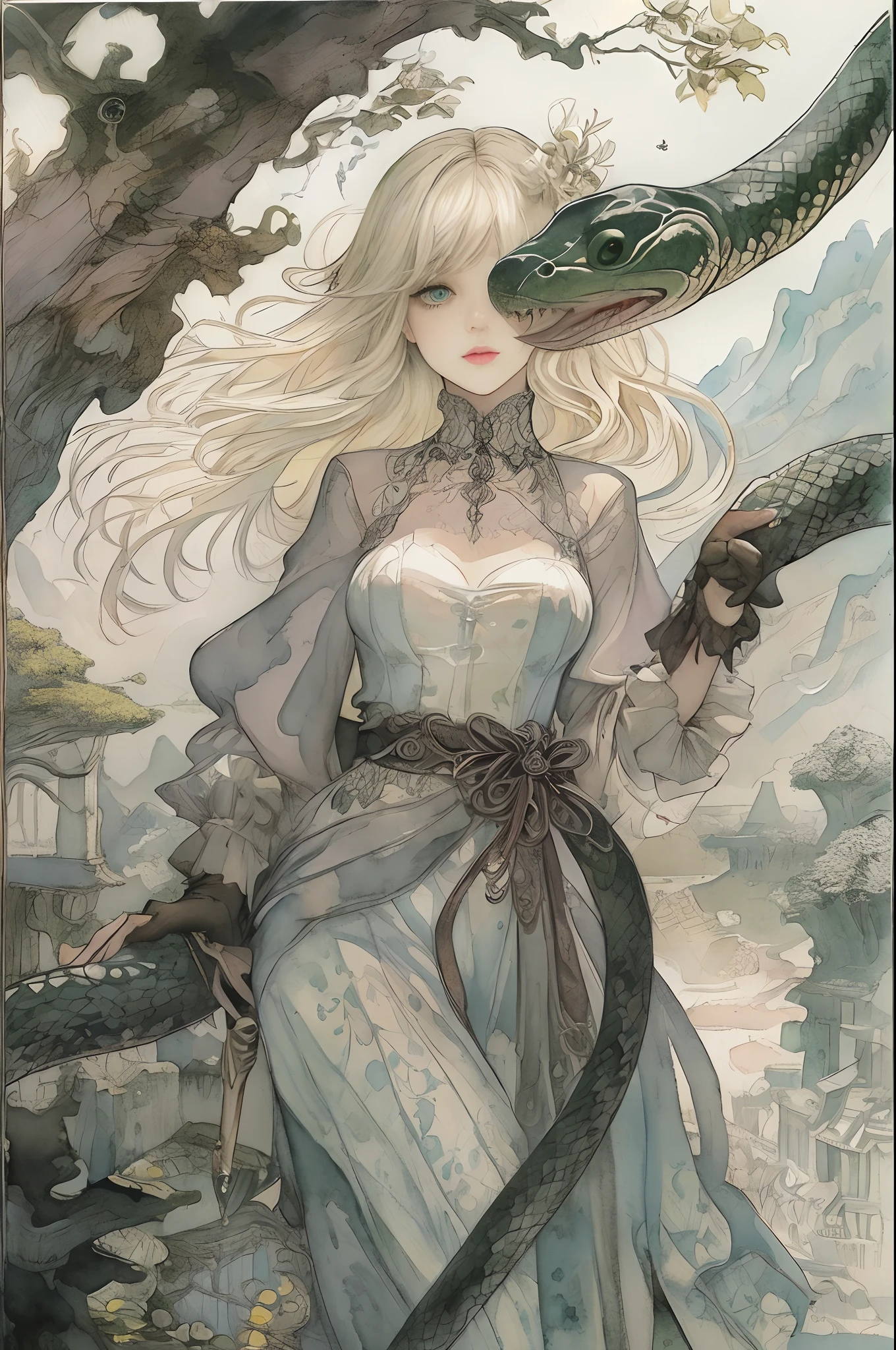 Top image quality、​masterpiece、watercolor paiting、Vivid coloring、Arthur Rackham's style、Aerial perspective、thirds rule、Bewitching、Decadent、Norse man１People Beautiful Girl、slightly smaller eyes、Pretty small face、Light makeup、Platinum blonde short hair、middlebreasts、tall、Black Gloves、long-sleeve、gothic dress、Big snake、In the deep forest、florals、rivulets、borgar、mountain ranges、moonlights