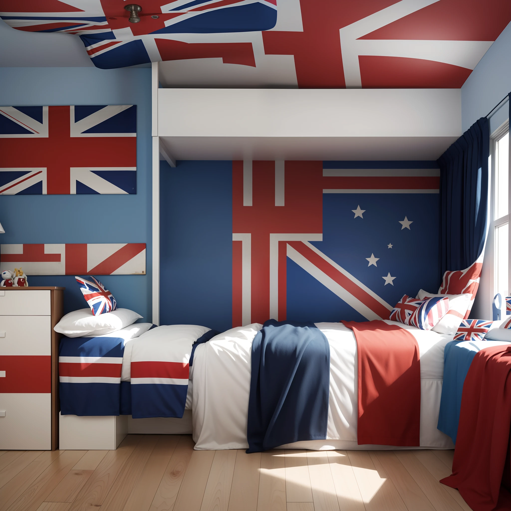 "Decorate the children's bedroom in the style of the British flag and please use the colors of the British flag: red, white and blue."