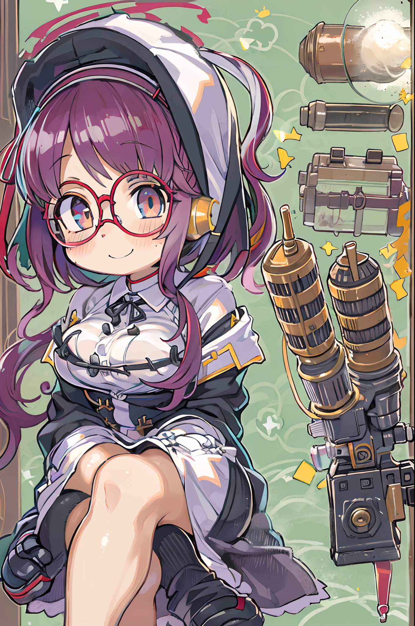 masutepiece, Best Quality, 1girl in, Sharp eyes, Smile,rocket launcher、big round glasses,nun's uniform,saint’s clothes