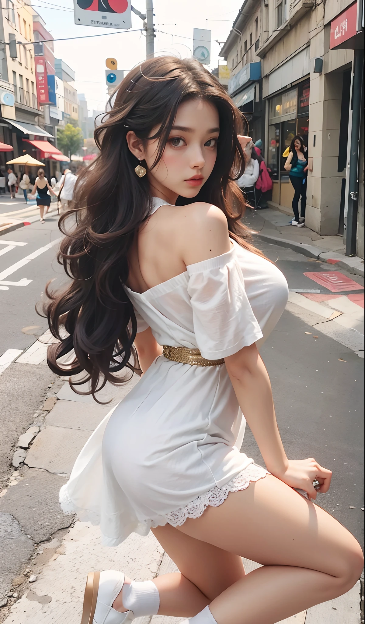 （the street：1 girl with brown hair，standing on your feet）， tmasterpiece， best qualtiy， RAW photogr， realisticlying， the face， Incredibly Ridiculous res，， ear studs， (Long flowing brown curly hair)，eye shadows，White off-the-shoulder long dress，Long skirt，(white legwear)，(Plain white flats+)，A nice pair of white sock feet，depth of fields， A high resolution， ultra - detailed， filigree， RAWE is very detailed， very detailed eyes and faces， Sharp pupils， realistic pupil， tack sharp focus， cinmatic lighting，full bodyesbian，Bigboobs，long leges，From the front side，dynamicposes，Normal posture，closeup of face