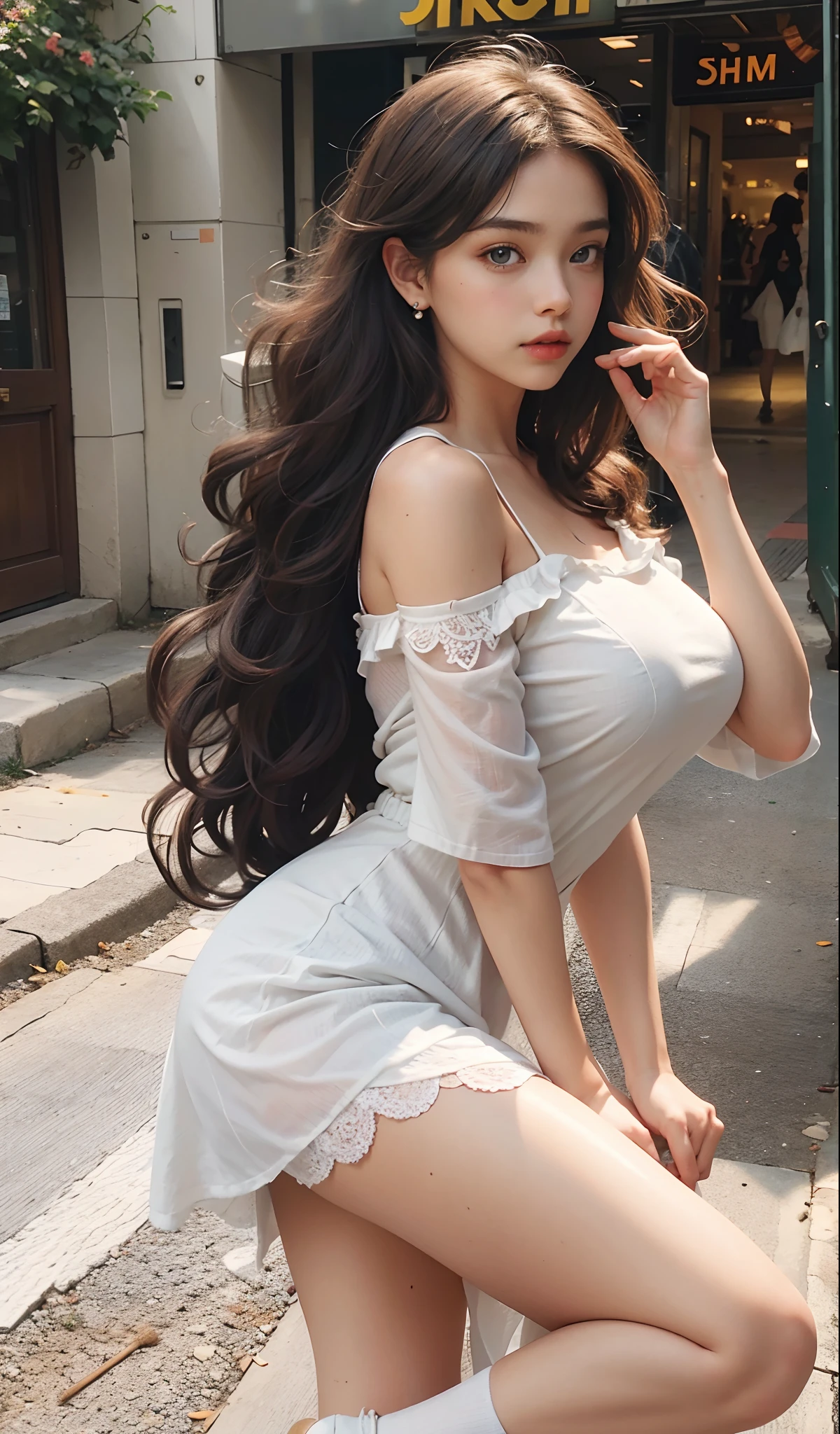 （the street：1 girl with brown hair，standing on your feet）， tmasterpiece， best qualtiy， RAW photogr， realisticlying， the face， Incredibly Ridiculous res，， ear studs， (Long flowing brown curly hair)，eye shadows，White off-the-shoulder long dress，Long skirt，(white legwear)，(Plain white flats+)，A nice pair of white sock feet，depth of fields， A high resolution， ultra - detailed， filigree， RAWE is very detailed， very detailed eyes and faces， Sharp pupils， realistic pupil， tack sharp focus， cinmatic lighting，full bodyesbian，Bigboobs，long leges，From the front side，dynamicposes，Normal posture，closeup of face