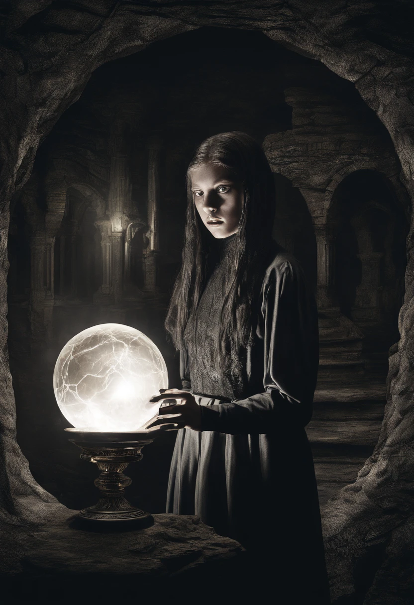 (a girl, Nostradamus),(crystal ball:1.2),(mysterious candle-lit cave),(nighttime),(prediction),(secrets),(magic),(atmospheric lighting),(intrigue)
