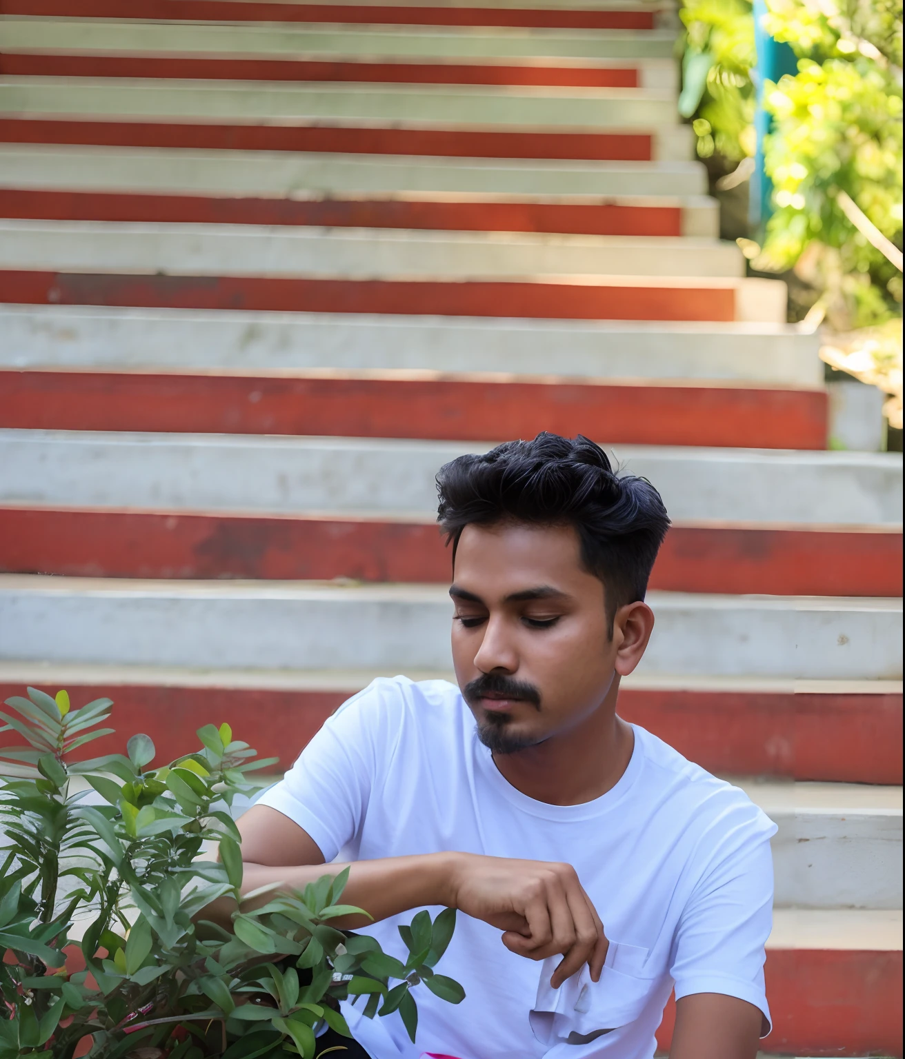 there is a man sitting on the steps with a plant in his hand, sitting on temple stairs, assamese aesthetic, candid picture, inspired by Bikash Bhattacharjee, portait image, photo taken with canon 5d, taken with canon 8 0 d, jayison devadas, candid photography, very artistic pose, shot on nikon z9, amidst nature