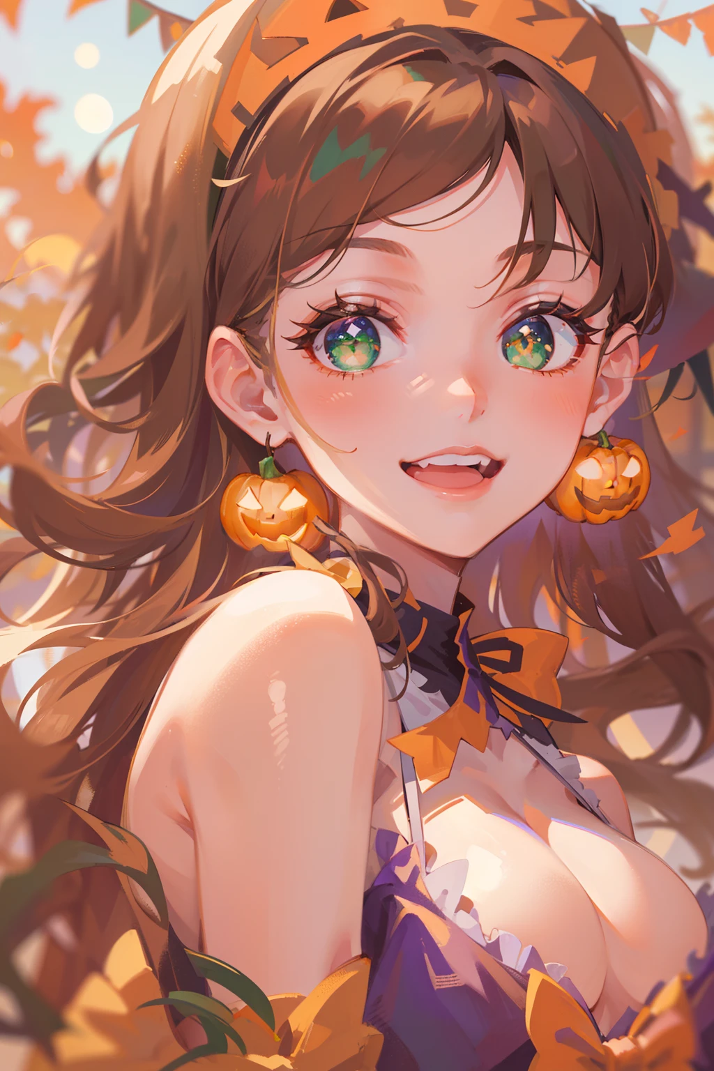 (masutepiece), (Best Quality), 超A high resolution, Cute Girls in Anime、Cute and beautiful girl、Sharp Focus, ((1 woman, Solo)), (Warm orange pastel colors), Upper body, Medium Long Shot, nffsw, In the crowd of the city, autumn season, Halloween Season , (On a beautiful night:1.2), beautiful detailed hair, chesnut brown hair, Long hair rolls down, ((Beautifully shaped eyes, Green eyes)), beautifull detailed face, Perfect feminine face, Smiling happily, Look at the viewer, (Halloween Witch Costume:1.2), Bare shoulders