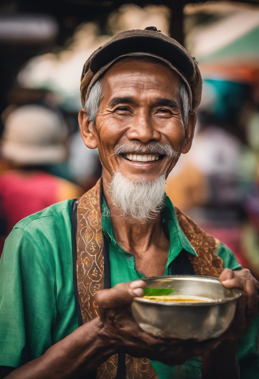 Photo of an old Javanese man, from Lamongan City, in East Java, Java Island in Indonesia. A Soto Soup seller. Around 50 years old, dark brown skin, black eyes, wide eyes, black straight hair with a little bit of curly hair. Cheerful-pleasant and open-minded personality, wise-look face, natural crinkle on the face, sincere smile, feeling happy, wearing green tone batik shirt and dark sarong fabric, out in the streets smiling in the daylight, in front of his Soto Soup Stall and other small street vendors, (masterpiece) (photorealistic), ultrarealistic (Best Quality) (Detailed) photographed in a Canon EOS R5, 50mm Lens, F/2.8, (8K) (Wallpaper) (Cinematic lighting) (Dramatic Lighting). (masterpiece), {best quality},High detail,(ray tracing), (realistic:1.0), photorealistic