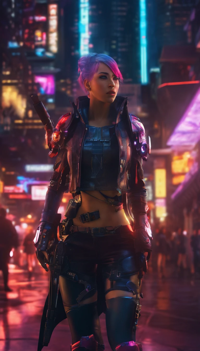 Cyberpunk style female warrior,demihuman, Semi-mechanized female warrior,Combat posture,majestic-looking,The feeling of moving forward,Stunning colors,Set in a futuristic cyberpunk style city,the street,The city crowd was packed,(Movie lighting),(light and shadow effect),(unreal-engine),(Tyndall),(cinema4d),(Super futuristic fantasy style),(8k wallpaper),(tmasterpiece),(Photography Award),realisticlying