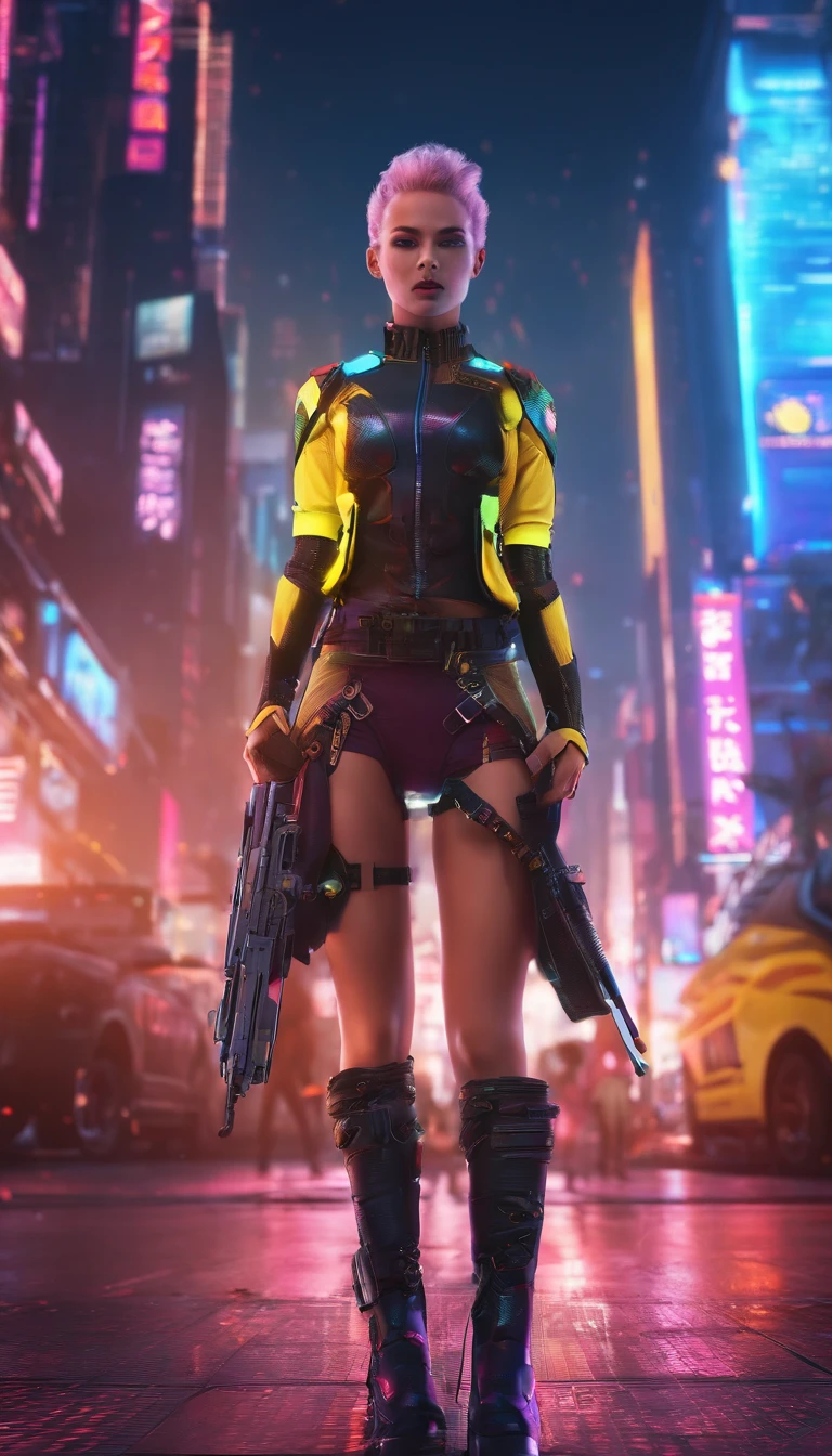 Cyberpunk style female warrior，demihuman, Semi-mechanized female warrior，Combat posture，majestic-looking，The feeling of moving forward，Stunning colors，Set in a futuristic cyberpunk style city，the street，The city crowd was packed，（Movie lighting），（light and shadow effect），（unreal-engine），（Tyndall），（cinema4d），（Super futuristic fantasy style），（8k wallpaper），（tmasterpiece），（Photography Award），realisticlying