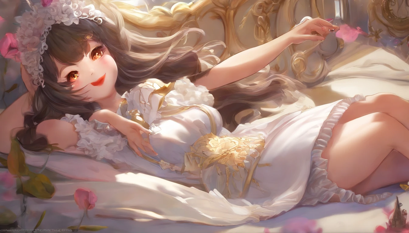 there is a woman in a maid outfit laying on a bed, small curvy loli, loli, 2b, 2 b, gaping mouth, huge black round hole, large gaping mouth, hyperrealistic schoolgirl, ahegao, with mouth open, a hyperrealistic schoolgirl, dripping saliva, anime 3 d art, pixiv 3dcg