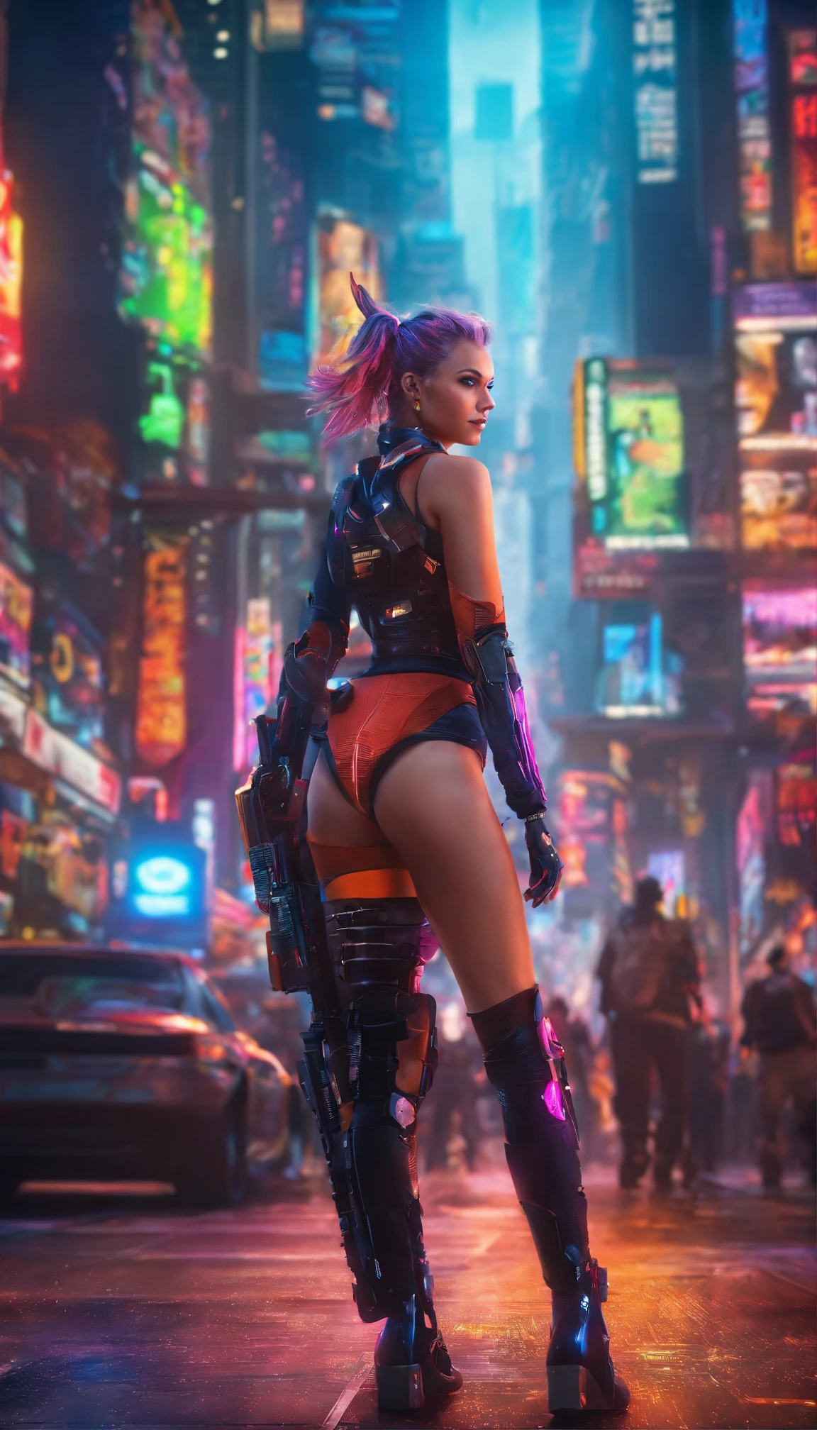 Cyberpunk style female warrior,A half-human, half-mechanized female warrior,Combat posture,majestic-looking,The feeling of moving forward,Stunning colors,Set in a futuristic cyberpunk style city,the street,The city crowd is full of people,(Movie lighting),(light and shadow effect),(unreal-engine),(Tyndall),(cinema4d),(Super futuristic fantasy style),(8k wallpaper),(tmasterpiece),(Photography Award),realisticlying