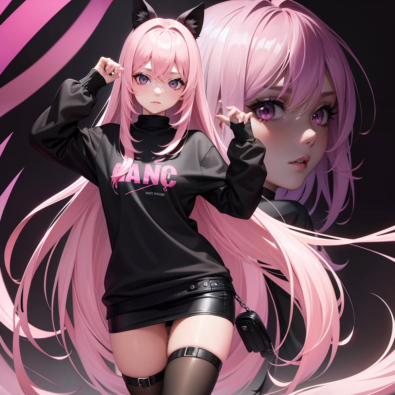 Leader of Runaway Bad Girl, Long Black Jumper, a cool、a miniskirt, Long pink hair, Looking at the viewer, Front view,