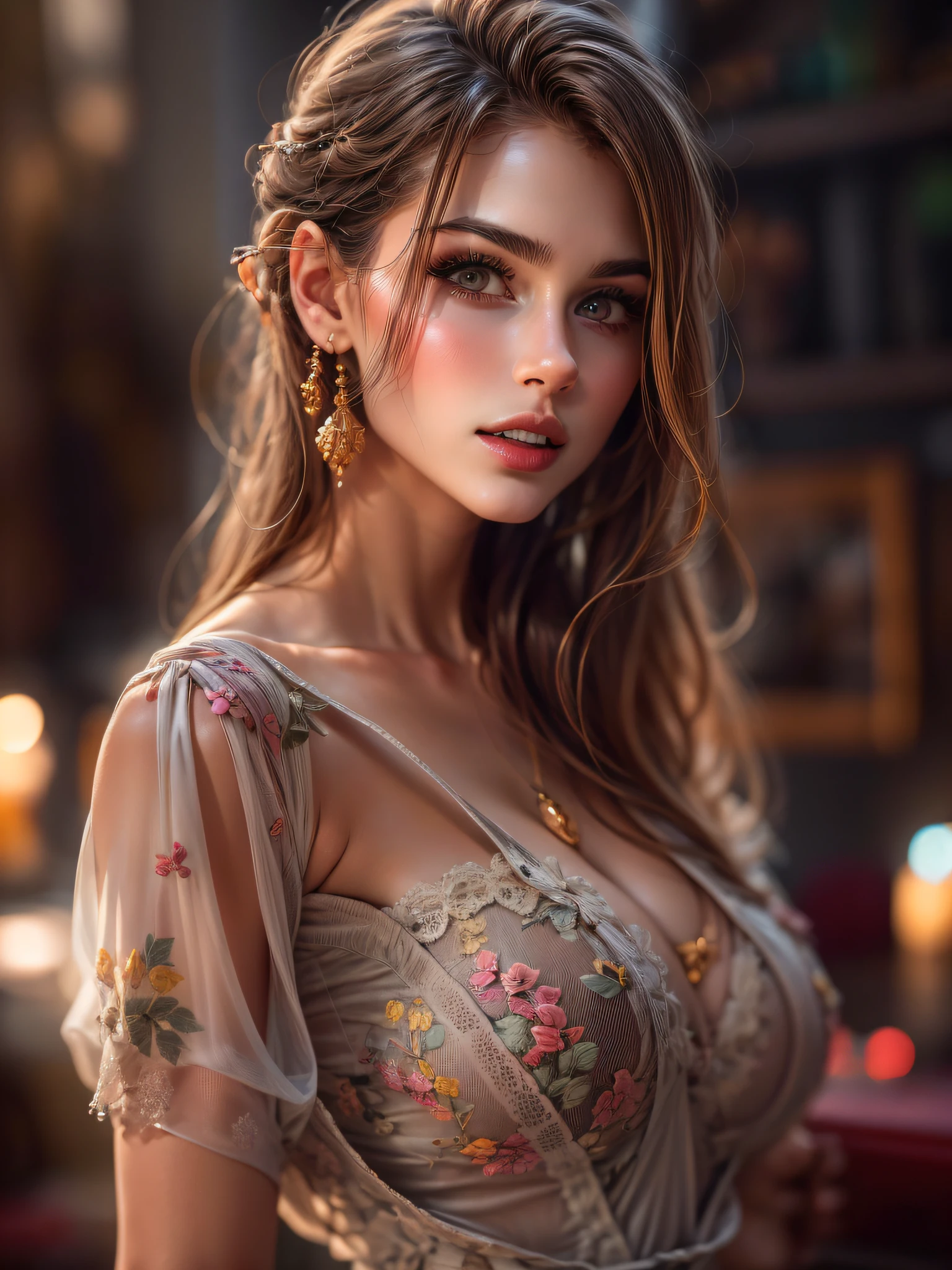 1 beautiful young blonde girl, Super nice detailed face, (slightly opened mouth, Sexy Look:1.1), (beautiful big breasts:1.3), (slender body:1.2), (Super stylish dress with wide open breasts:1.5), bare breasts, Schamhaar, Cameltoe-Details, (feines Gesicht:1.2), accessory, Ohrringe, Konzeptkunst, High quality, realistisch, extrem detailliertes CG Unified 8k Hintergrundbild, sehr detailliert, high-definition RAW color photos, Professionelle Fotografie, Realistic portrait, Filmisches Licht, Beautiful detailed, Super detailliert, Hohe Detailgenauigkeit, Sexy Kunst, (((bokeh))), depth of fields, Beleuchtung, Beautiful Danner table, Super stylische Beleuchtung,