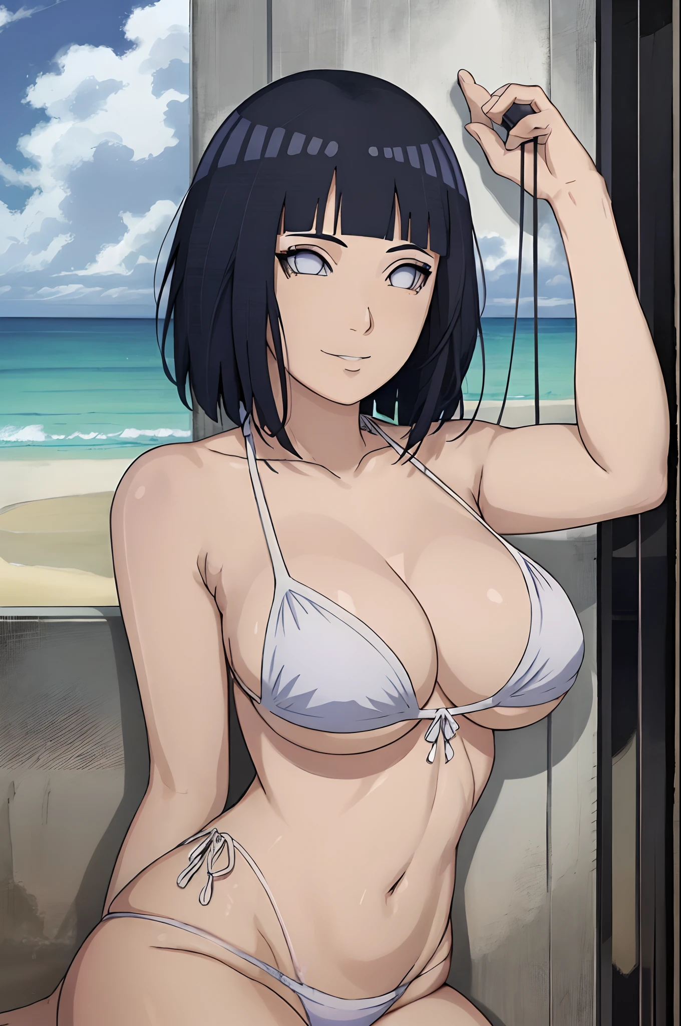 (WALLPAPER,  (hinata\(boruto\), (((white string bikini))), masterpiece, 4k, vector coloring, whole body shot, (high color saturation), contrast lighting, mature female, (curvy:0.8), solo, anime style, sharp focus, professional artwork, intricate details, colorful, vibrant colors, vivid colors, digital blending, ultra detailed body, ultra detail hair, ultra detail face, ultra detailed hands, trending on pixiv, very hot colors, (((beach background, outdoors))), detailed bold arm lines, high color saturation, bold lines, bold drawing lines),
(((hand lean against wall)), (head tilt), big mouth, big smile),
((dark blue hair color:1.1), wavy hair, ((short hair, hime cut)),
(perfect eyes, white sciera, bright eyes, white eyes, anime eyes, smoky eyeliner, eyeshadow)
(white skin, (fair skin), slender body, milf, perfect face),
(legs, big breasts, off-shoulders, (detailed shoulders, detailed arm lines)), 
(bare shoulders, bare legs,