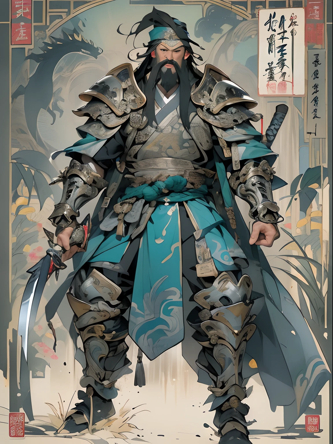 (((China-style，Ink painting method，Half-length portrait，Intense color，Han dynasty, China，Hanfu，Armor，Guan yu，Guan Yunchang，of a guy，Ruddy killing square face，Hold the Blue Dragon Moon Knife in his right hand，Stroke your beard with your left hand，Long hair，petty eyes，Green robe))), (((best qualityer))), (((tmasterpiece))), (((AS-Adult))), ((( Japanese ))), Look up from your knees, Handsome Asian samurai，perfect body figure, Modern samurai, ((( Asian))), Wear gloves on your hands，The left arm is made of steel and metal tips，Made of protective devices, The eyes are pulled, (( Appears below the chest )), (( Small dental floss )), Simon Bisley, Almost naked（Simon Bisley）Castle City Wilderness，For high-resolution posters, hair straight, Minimum clothing, armure (Crazy clothes ), Full of tips and rivets, tribal tattoos, (((full bodyesbian))), Straight brunette hair，Colored hair ends