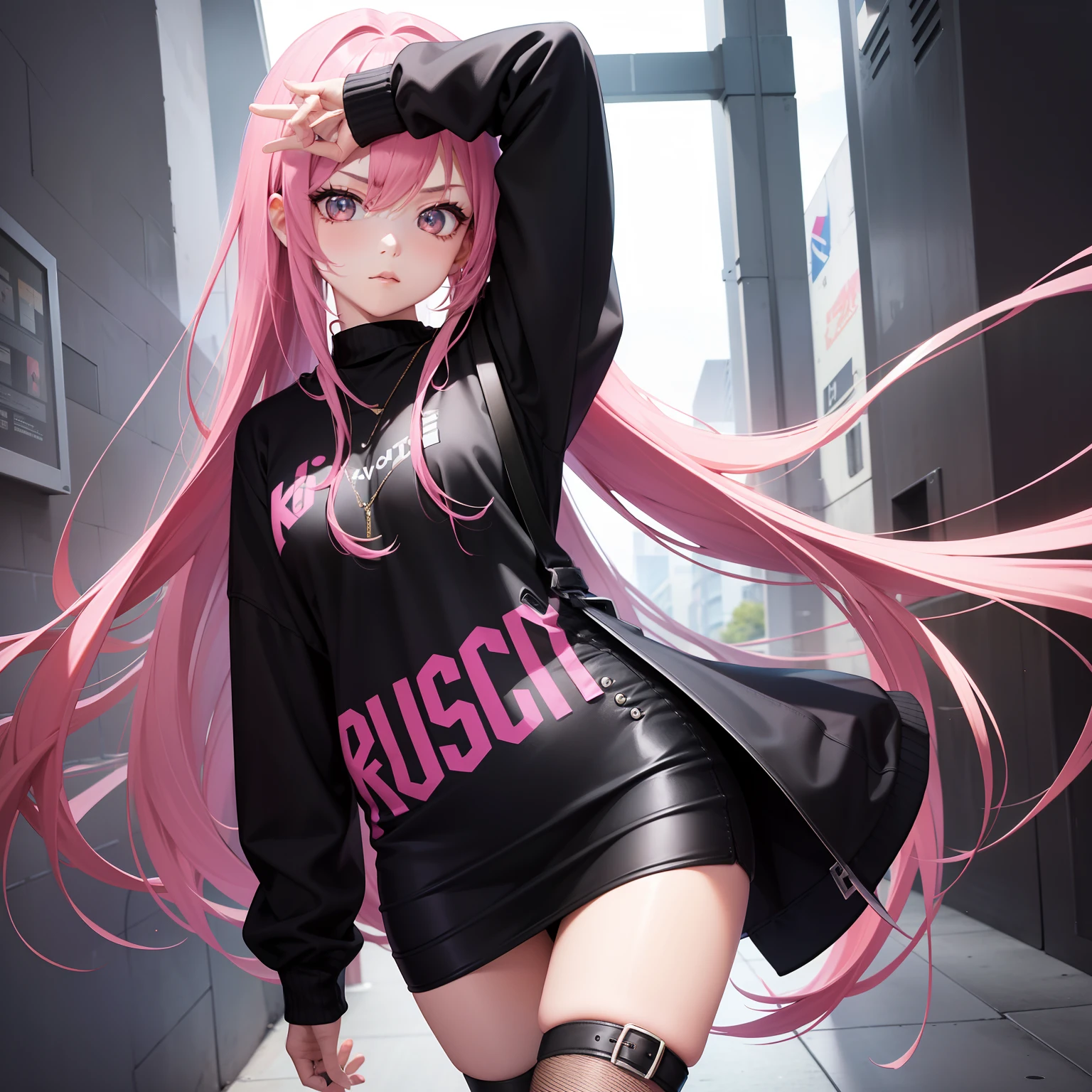 Leader of Runaway Bad Girl, Long Black Jumper, a cool、a miniskirt, Long pink hair, Looking at the viewer, Front view,