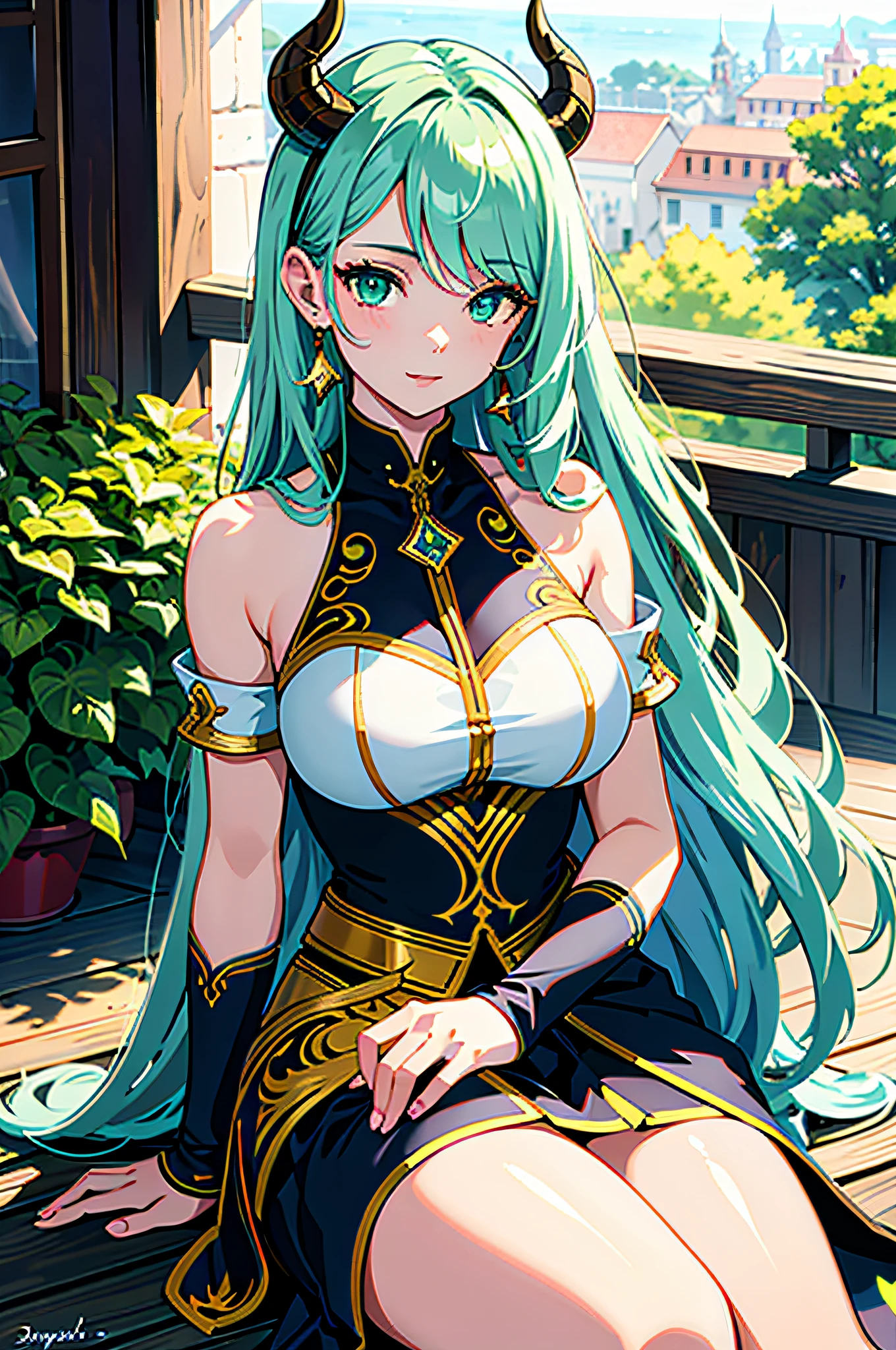 young girl, long turquoise hair, turquoise eyes, cat ears, Smile, black chinese tight top, Upskirt, Masterpiece, hiquality