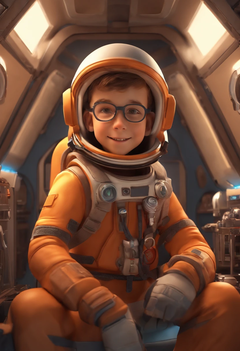 happy astronaut boy, Avatar, 3D animation style, Age 9 , light brown hair, wearing glasses