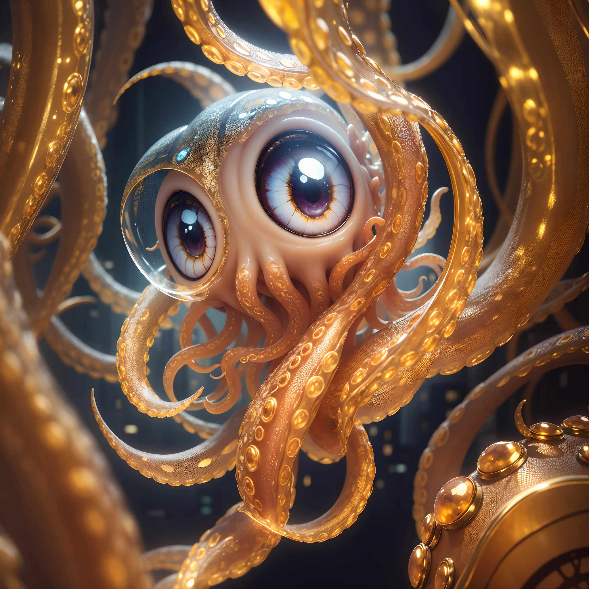 Masterpiece, Best quality, [(Golden transparent octopus)+(((Vitreous skin)))] ,starlights，In the city，Photorealistic, high resolution, Detailed, Sharp focus