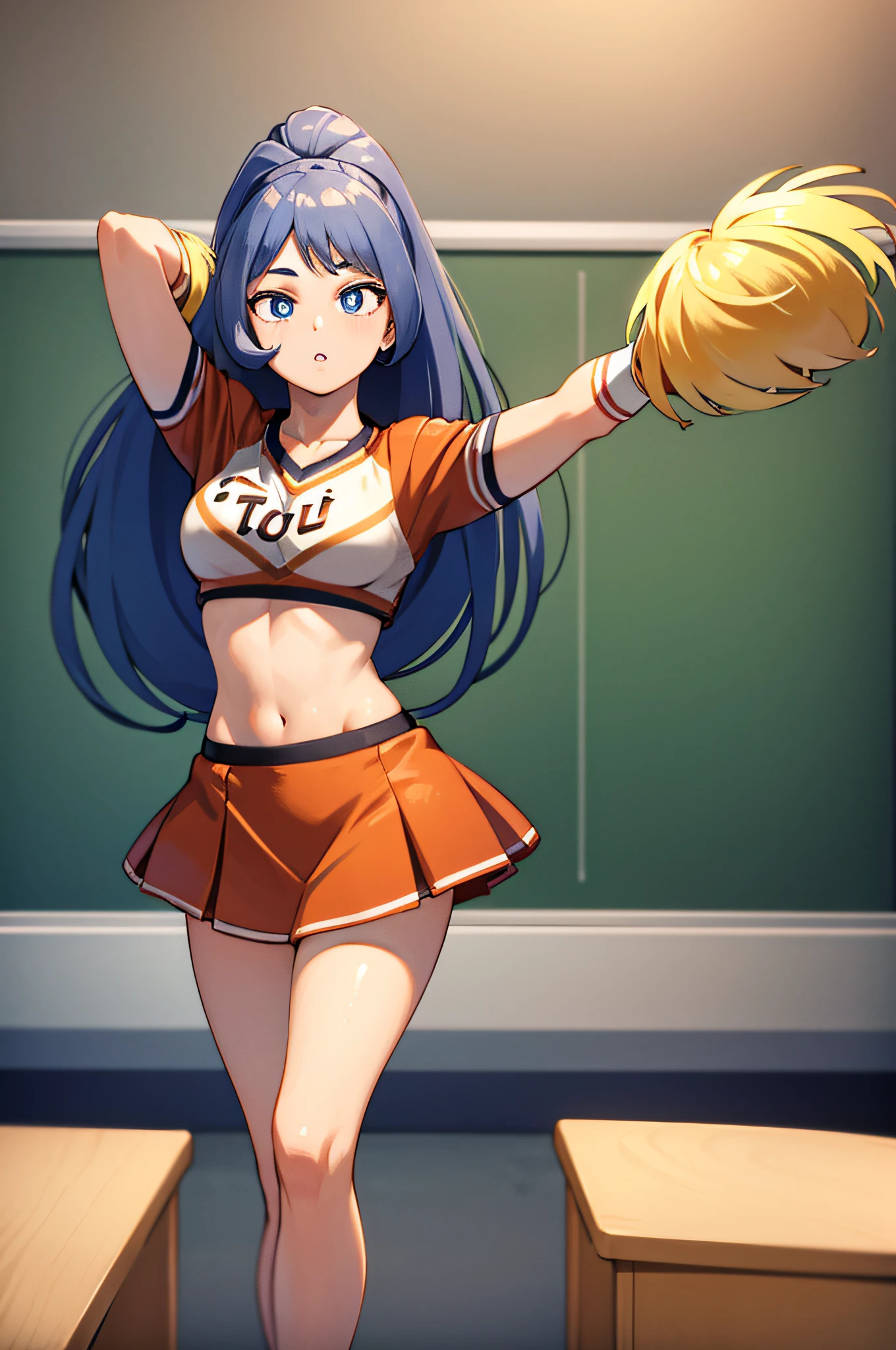 nejirehadou, nejire hadou, blue eyes, blue hair, long hair, BREAK cheerleader, crop top, holding pom poms, midriff, navel, orange skirt, pink footwear, pom pom (cheerleading), pom poms, ponytail, skirt, (u.a. cheerleader uniform:1.5), BREAK looking at viewer, full body, BREAK indoors, classroom, BREAK (masterpiece:1.2), best quality, high resolution, unity 8k wallpaper, (illustration:0.8), (beautiful detailed eyes:1.6), extremely detailed face, perfect lighting, extremely detailed CG, (perfect hands, perfect anatomy),