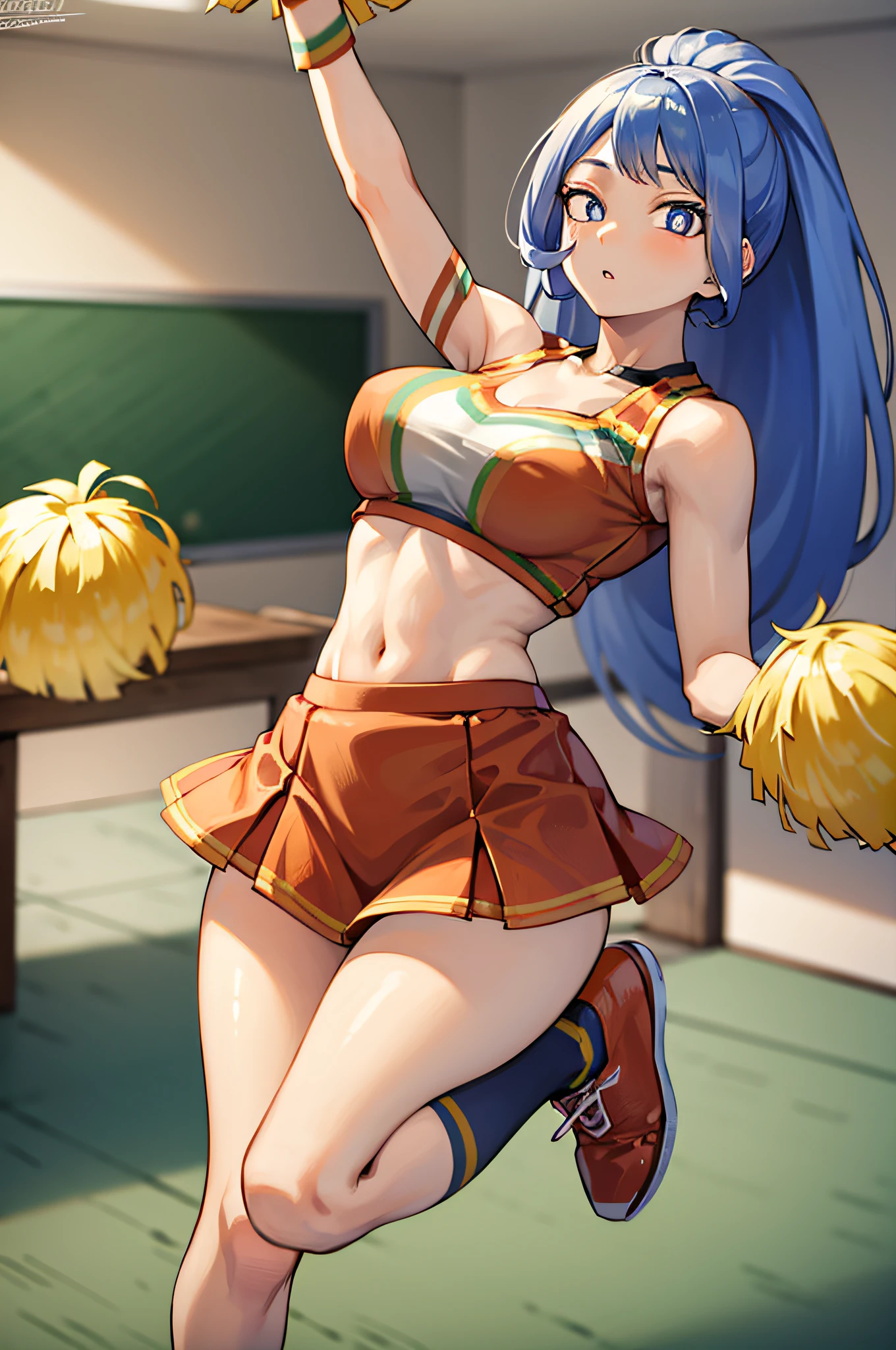 nejirehadou, nejire hadou, blue eyes, blue hair, long hair, BREAK cheerleader, crop top, holding pom poms, midriff, navel, orange skirt, pink footwear, pom pom (cheerleading), pom poms, ponytail, skirt, (u.a. cheerleader uniform:1.5), BREAK looking at viewer, full body, BREAK indoors, classroom, BREAK (masterpiece:1.2), best quality, high resolution, unity 8k wallpaper, (illustration:0.8), (beautiful detailed eyes:1.6), extremely detailed face, perfect lighting, extremely detailed CG, (perfect hands, perfect anatomy),