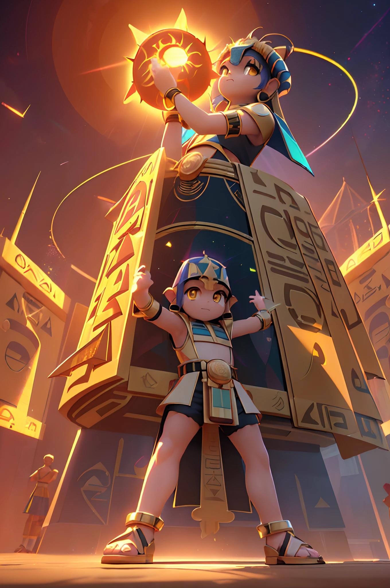 (Dynamic Angle:1.4), ((Full body posing:1.5), (Colorful:1.2), (Highly detailed CG Unity 16K wallpaper:1.1), (Denoising strength: 1.45), (tmasterpiece:1.37), ((Official art)), of the highest quality, (Realistic), (Male child:1.5), (Short-cut hair:1.2),(Costume of Sun God Ra:1.5),Golden hair,Glowing eyes,(yellow  eyes:1.2),((Poses in motion:1.4)),((Costume of Sun God Ra:1.3)),wires, (LED:1.3), (a hologram:1.2),(The sun overhead:1.3), Streets of Egypt,  (Night:1.2), (Rainbow Model:1.2), 8K resolution, (Anime style:1.3), Cinematic lighting, chromatic abberation, spark of light, Ray tracing, blending, ultra wide-angle,  Hasselblad, (masutepiece), (masutepiece), ((Best Quality)), ((masutepiece)), nffsw